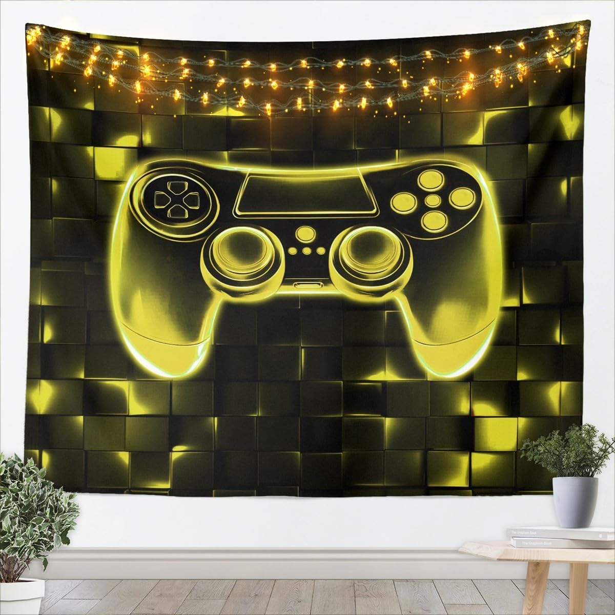 Manfei Yellow Games Tapestry Geometric Grid Gamepad Gamer Wall Hanging, Modern Gaming Wall Blanket Home Artwork, Kids Boys Teens Room Decor, XLarge 70.9 x 92.5 Inches