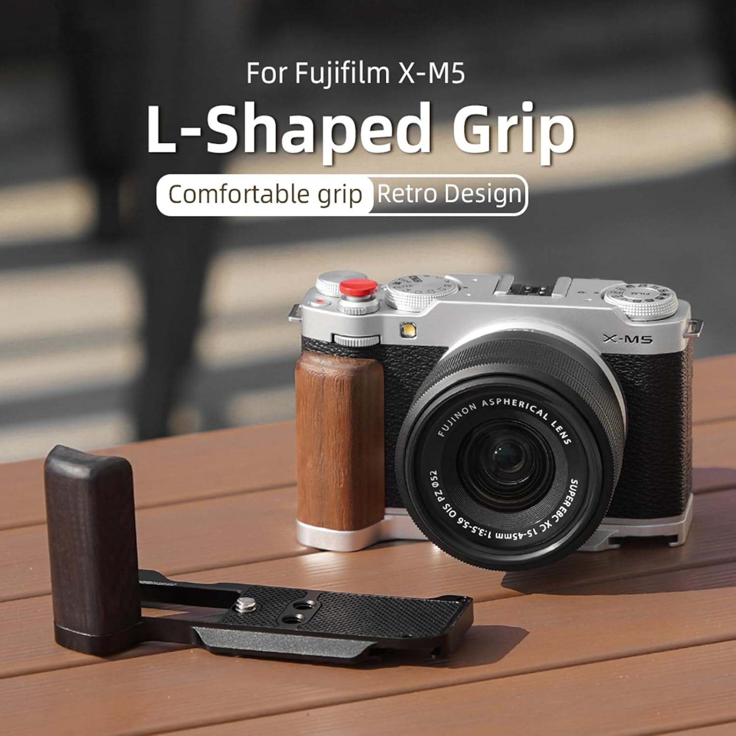 X-M5 L-Shape Handgrip for FUJIFILM X-M5, Built-in Quick Release Plate for Arca, Aluminum Alloy Wooden Handle Grip with Shutter Button for Fujifilm XM5 Camera Accessories (Silver Walnut Wood)