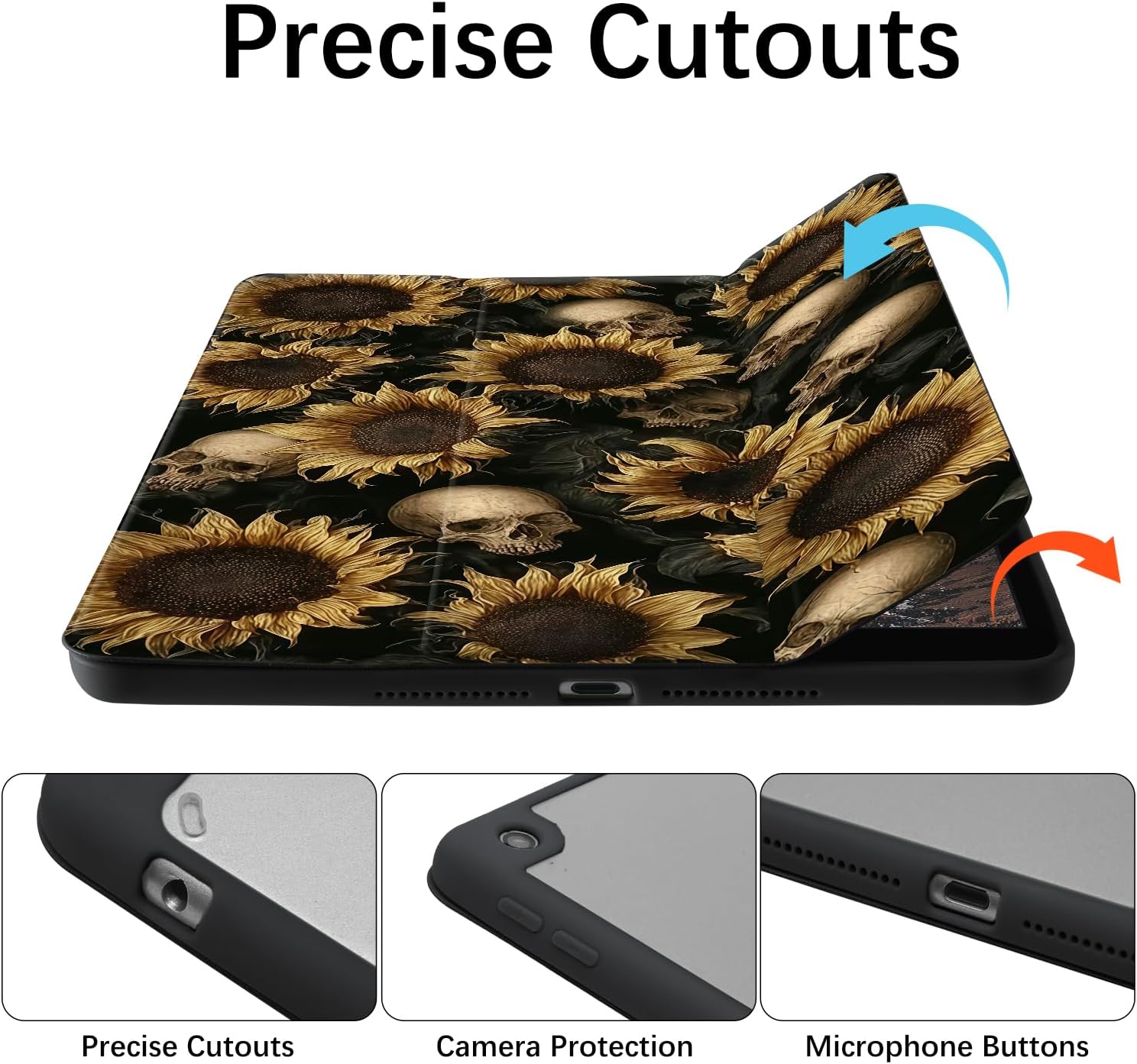 Funny Halloween Skeleton Case for Ipad Pro 12.9 Inch 5Th/6Th Gothic Sunflower Skull Cover Black Shell Auto Sleep/Wake Anti-Slip Shockproof Cover with Clear Back & Pencil Holder image 3