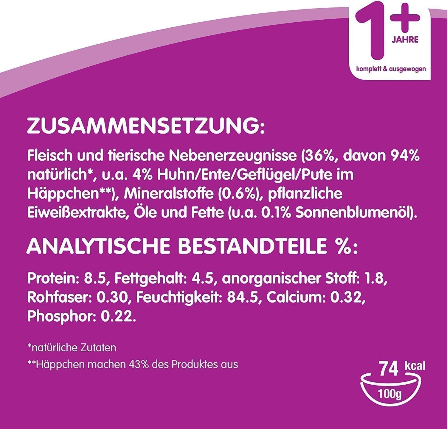 Whiskas 1+ Katzennassfutter – Geflügel Auswahl in Gelee – Hochwertiges Feuchtfutter für ausgewachsene Katzen im Portionsbeutel – Katzenfutter – Großpackung (120 x 100g)