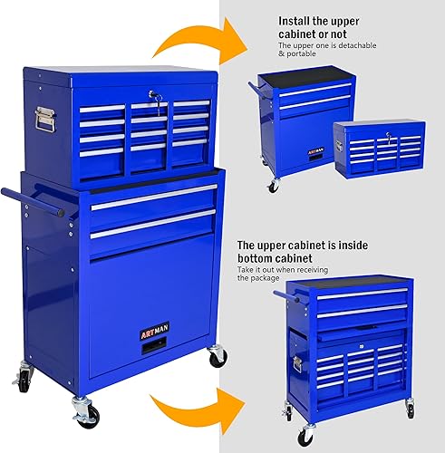 Miniatura 8 de Cofre de herramientas de 8 cajones, caja de herramientas rodante con caja de herramientas superior desmontable y cerradura de llave, armario de