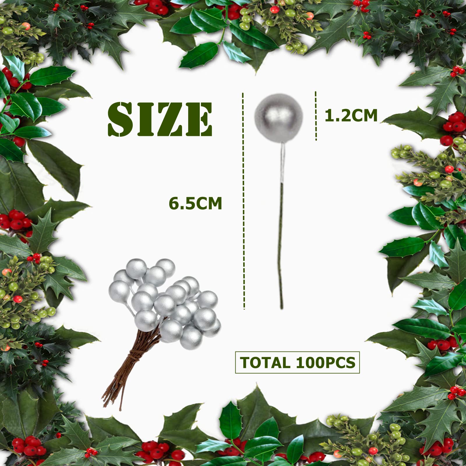 100 Baies Artificielles De Houx Argenté - Pour Décorations Noël, Couronnes, Guirlandes DIY