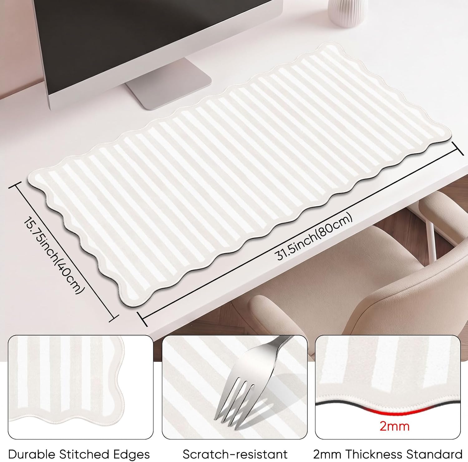 Striped Beige Scalloped Mouse Pad,Cute Kawaii Stripes Large Desk Mat Non-Slip Rubber Base,Aesthetic Decor Gaming Computer Desk Pad for Office Laptop Mouse Keyboard Pad, 31.5" x 15.7", XL image 3