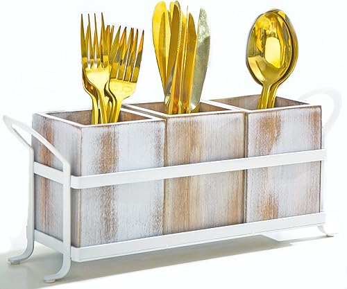 NelyBet Organizador de utensilios de cocina para encimera, organizador de cubiertos con estante de metal, soporte de cubiertos de madera con 3
