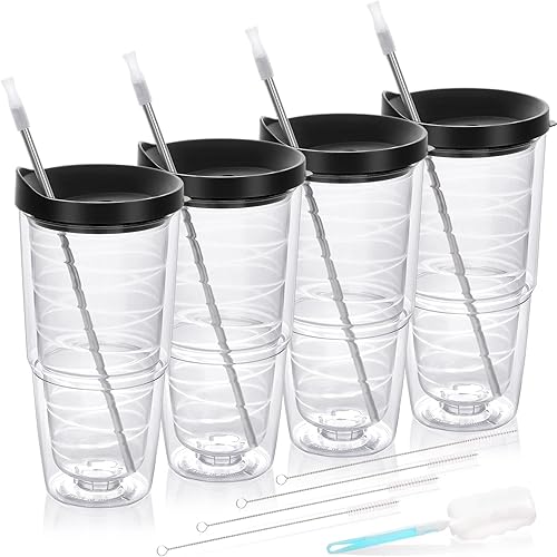 Modwnfy Vaso transparente aislado de 24 onzas, paquete de 4 vasos de doble pared con tapa negra y pajita, vasos de plástico, vasos transparentes de disponible en Yaxa Peru