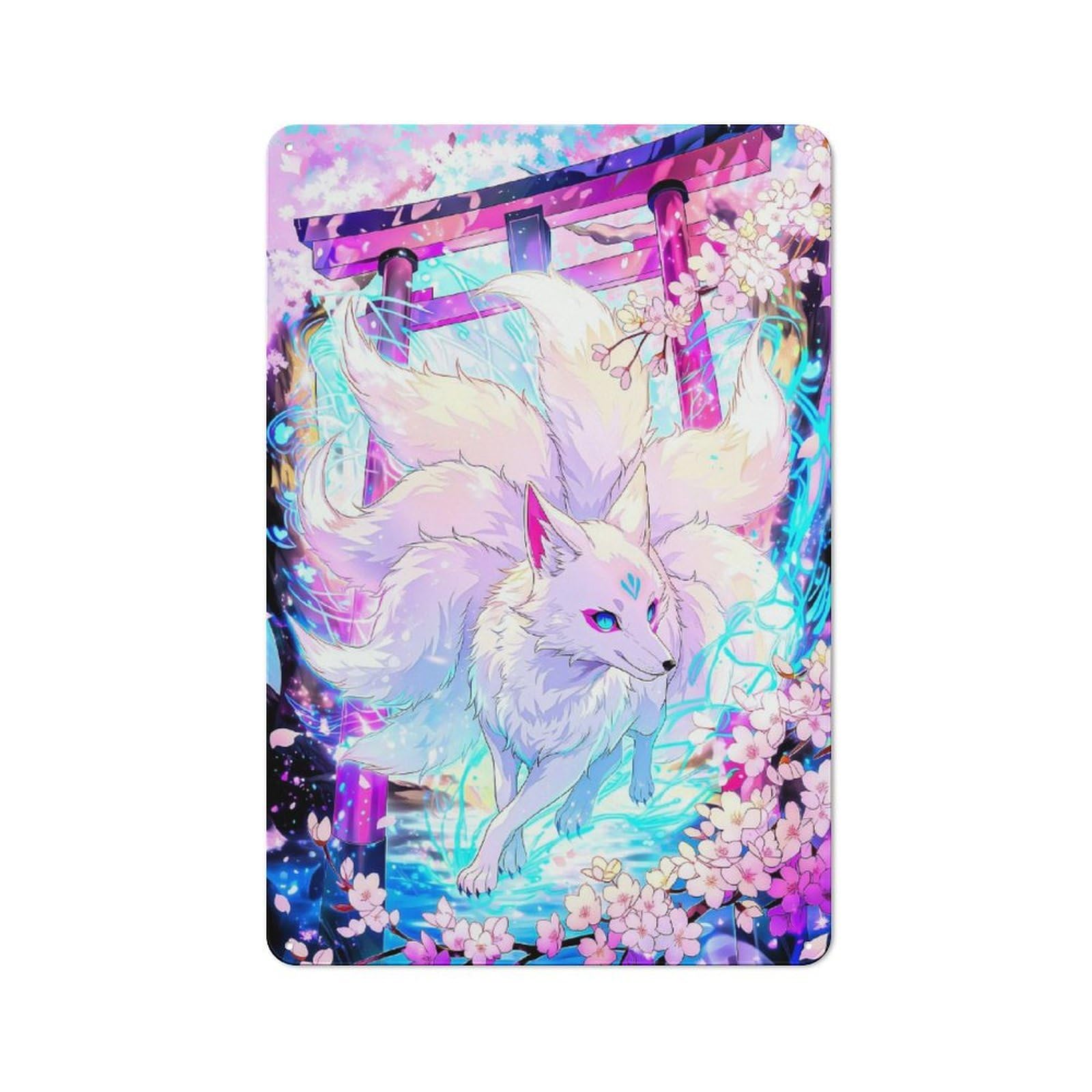 Junmoney Style 30X20cm Retro Tin Sign With Mythical Nine-Tailed Fox By Torii Gate For Living Room Wall, Housewarming Present For People Styling Living Room