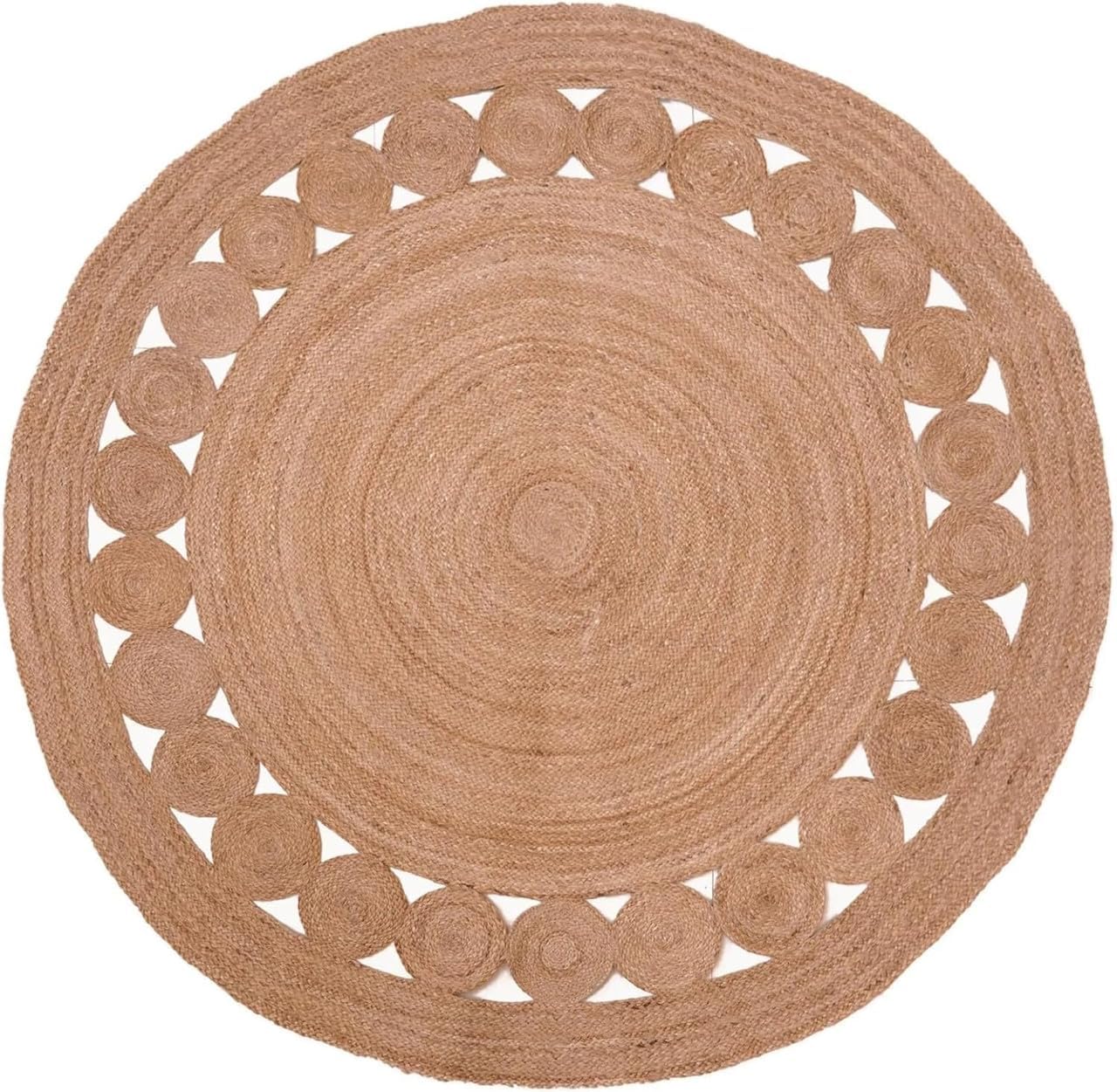 Round Jute Area Rug with Cutwork Border Design, Woven Natural Fiber Floor Rug for Living Room Bedroom Entryway Indoor Circular Carpet