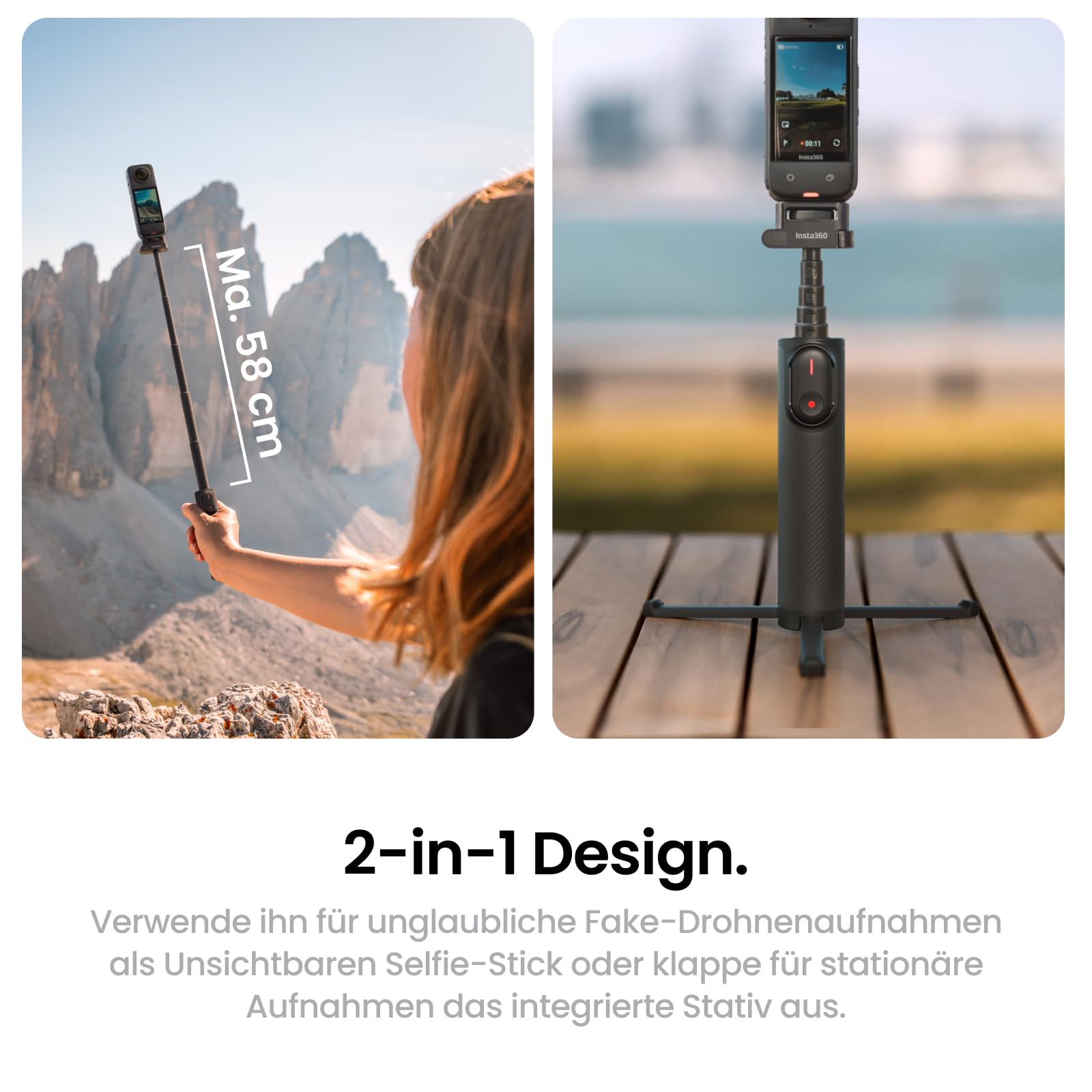 Insta360 Fernbedienungs-Kit für den 2-in-1 Klapp-Selfie-Stick mit Unsichtbarem Selfie-Stick, integriertem Stativ, ideal für Vlogging, Wandern, Gruppenaufnahmen, für X5, X4 Air, X4, X3 Action-Cams