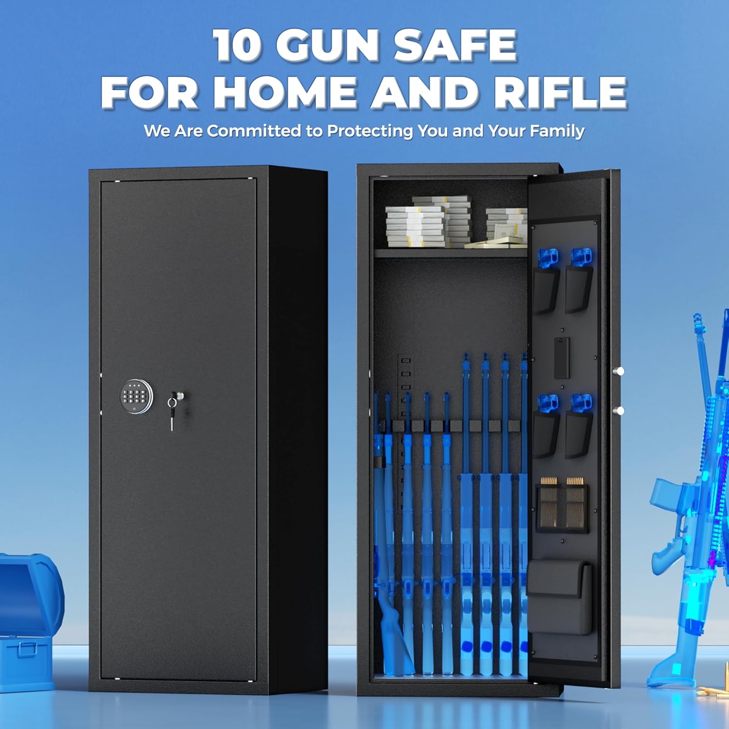 Greenvelly 14-16 Gun Safe for Rifles and Pistols, Quick Access Gun Safe with Adjustable Gun Rack and Keypad Lock, Lockable Gun Cabinets with Gun Safes Pockets for Home Rifles and Shotguns (Black)