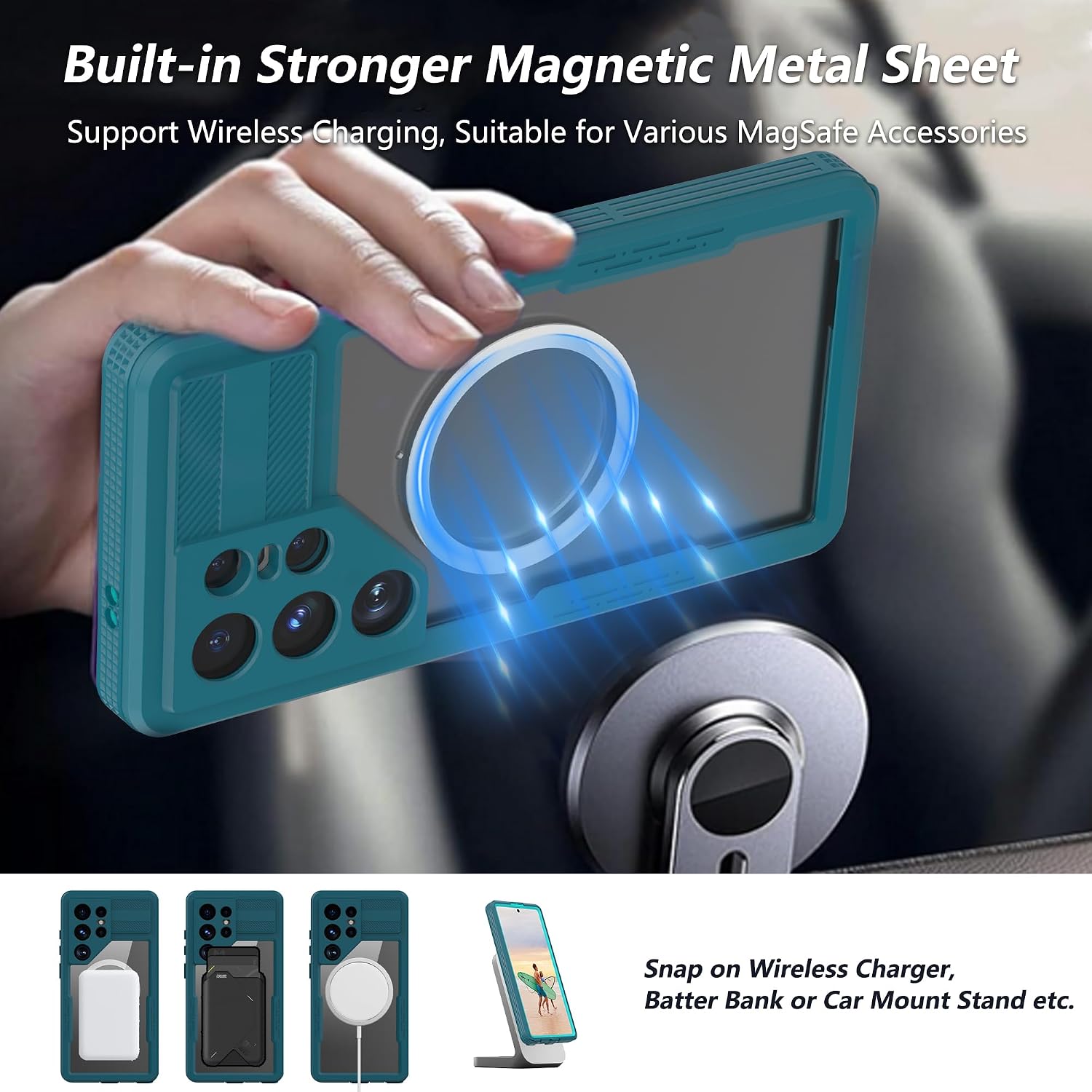Kfisiso Waterproof Case for Samsung Galaxy S25 Ultra 2025 6.9, Clear Magnetic Phone Cover with Built-in Screen Protector, Underwater Scuba Snorkeling Filming, Full Body Protective Cover, Teal-Side