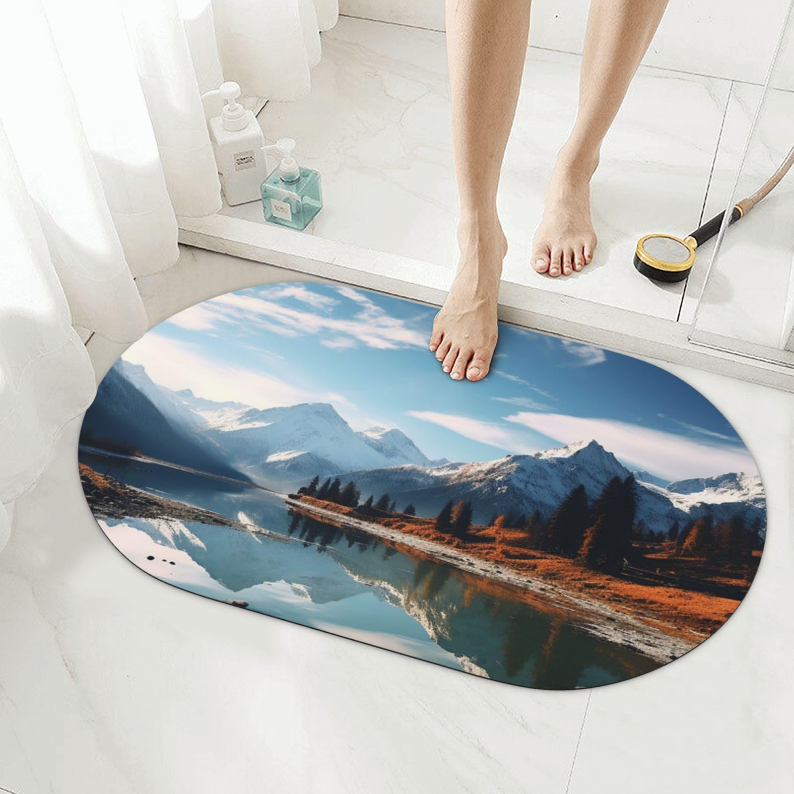 Tapis de bain en terre de diatomée premium 50 x 80 motif montagnes et lac