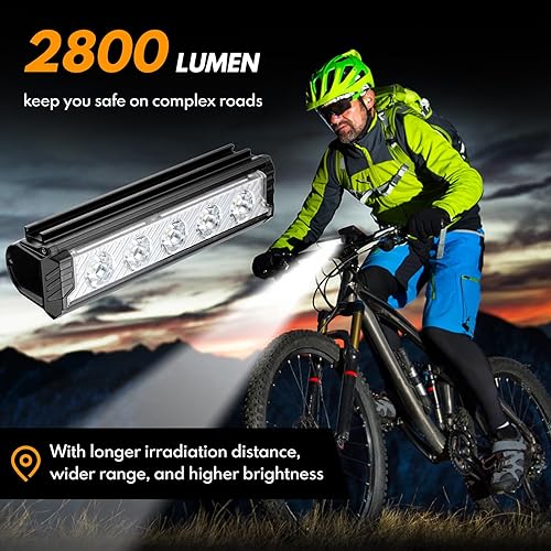 Miniatura 2 de BicycleStore Luz delantera para bicicleta, 5 LED de 2800 lúmenes, luces LED para bicicleta, 6600 mAh, impermeables, luces de bicicleta de carretera
