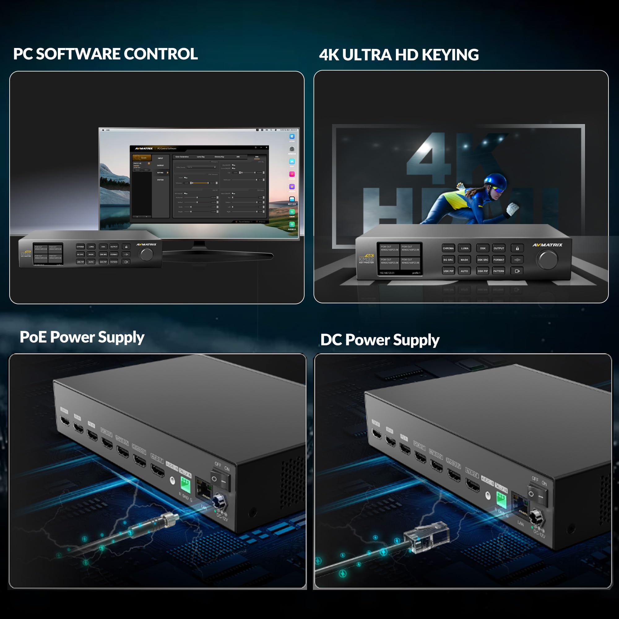 Avmatrix KM32-4K 4K HDMI Chroma Key Master en tiempo real, teclado y composición 4K Ultra HD, DSK, PIP, control de software de PC, teclado 4K preciso y procesador de composición avanzado para