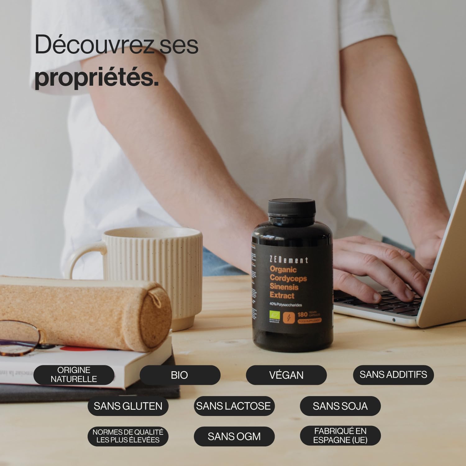 Cordyceps Sinensis Bio (extrait CS-4), 180 gélules avec 650 mg extrait 10:1 = 6500mg de poudre | 40% de polysaccharides bioactifs | 100% Végétalien et Sans Additifs | Zenement