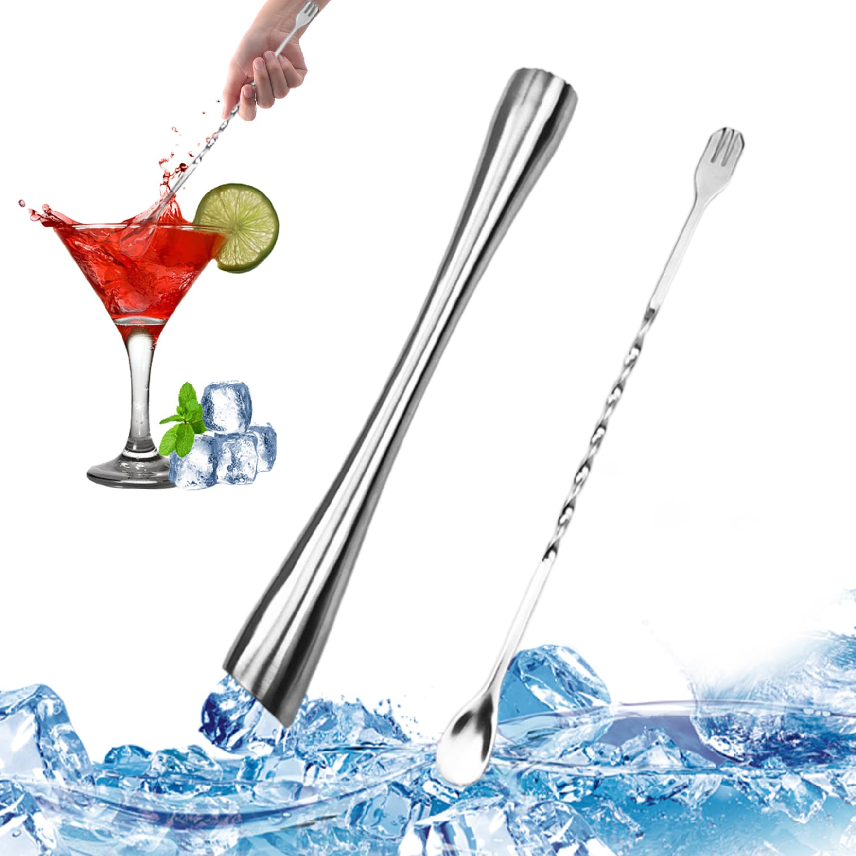 Cocktail Muddler with Cocktail Spoon Stainless Steel Mixing Bar Spoon Bar Stick Mojito Masher for Fresh Fruit Spice Ice Bar Accessories