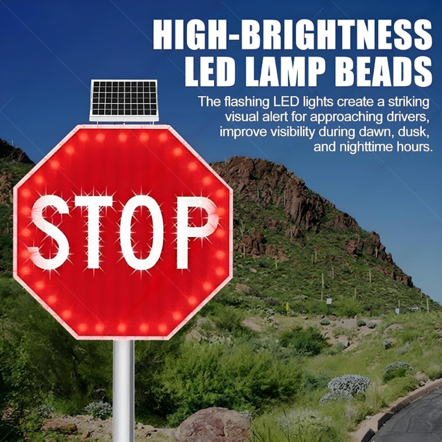 Señal de alto LED con energía solar, señal de tráfico reflectante de 61 cm con luces parpadeantes, señal de advertencia octogonal de aluminio duradero para seguridad vial