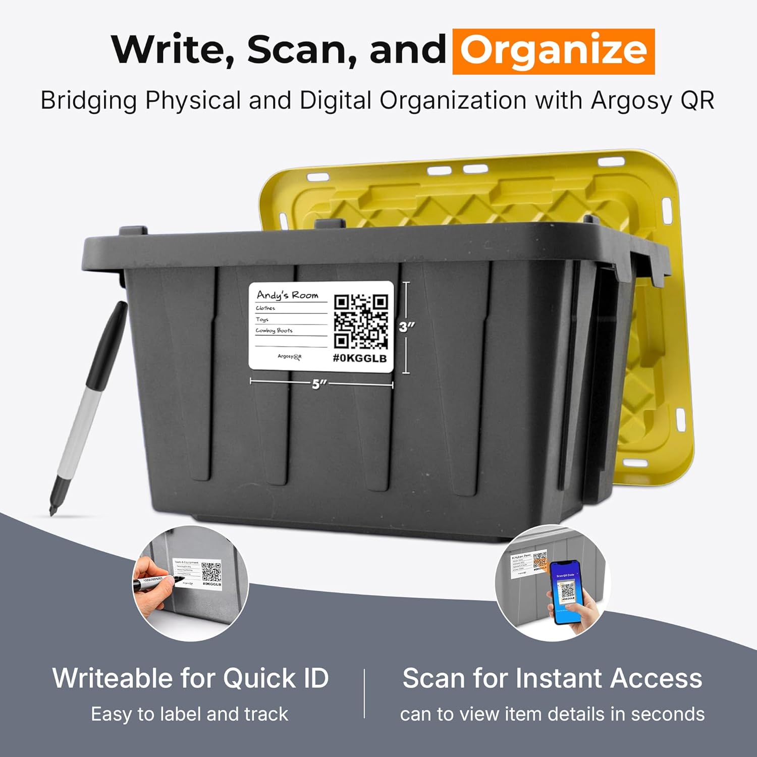 Weatherproof Smart Labels for Storage Bins – 40 Pack 3x5 Inch – USA-Made Dual-Function QR Code & Write-On Labels for Bins, Moving Boxes, Totes & Inventory Organization