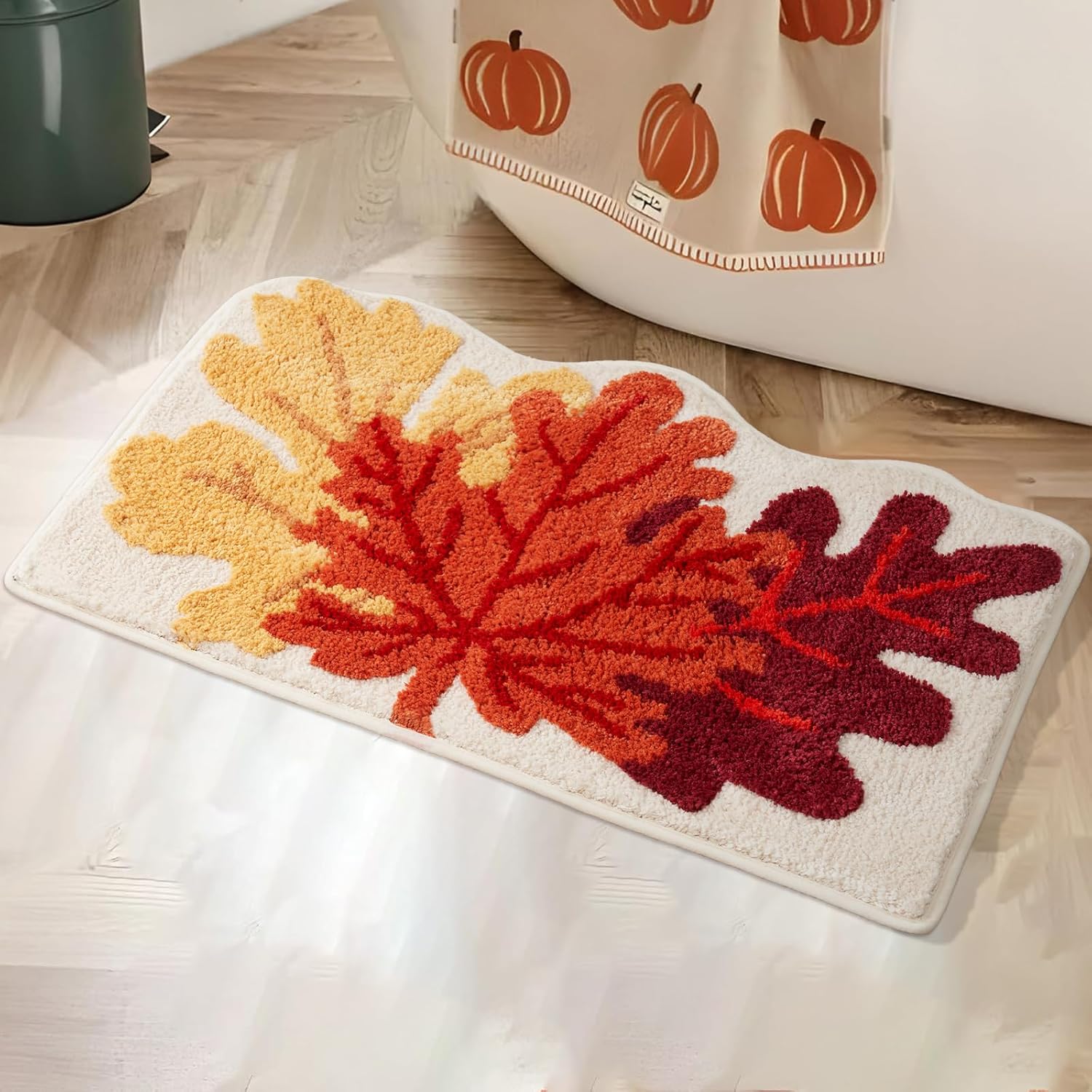 Maple Leaf Rug, Cute Fall Decor for Autumn Farmhouse Bathroom Kitchen, Non-Slip Fun Pumpkin Bath Mat, Washable Microfiber Bath Rug, 20'' x 30'', Yellow/Orange/Rust Fall Leaf