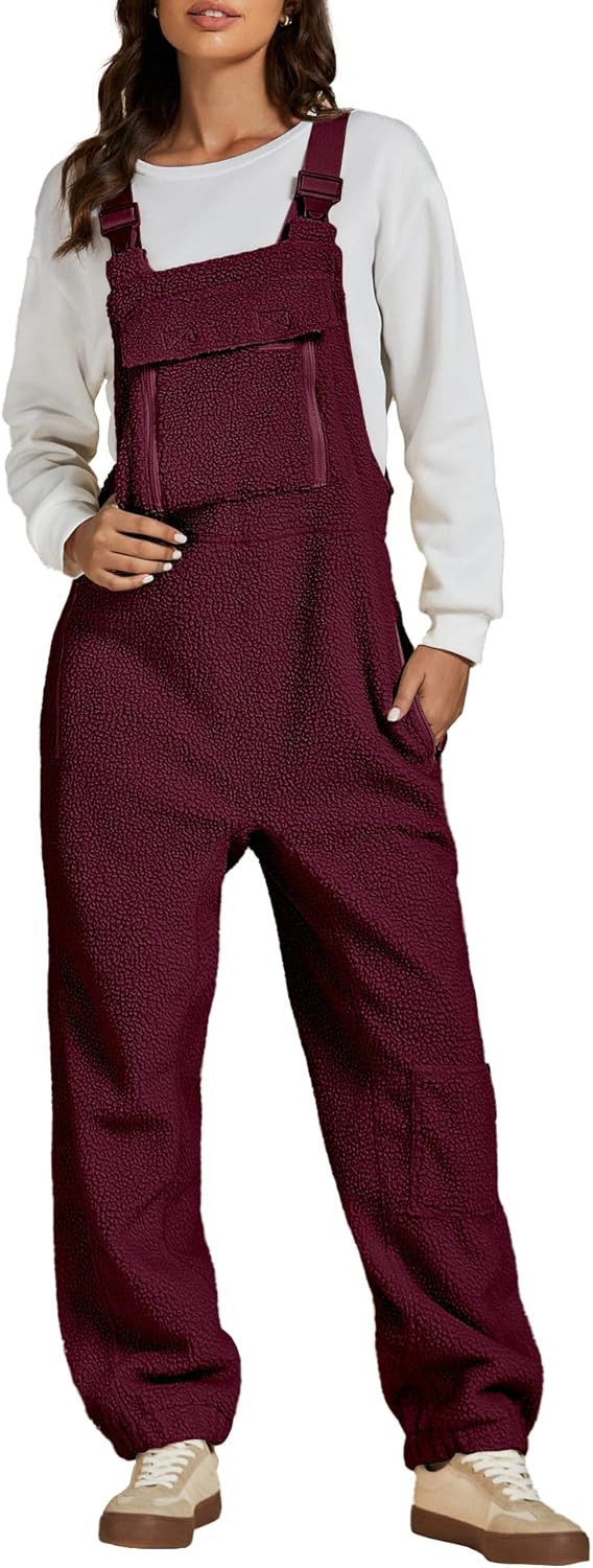 luvamia Sherpa Overalls for Women Baggy Warm Bib Fleece Fuzzy Winter Jumpsuits Adjustable Strap Overall with Zip Pockets