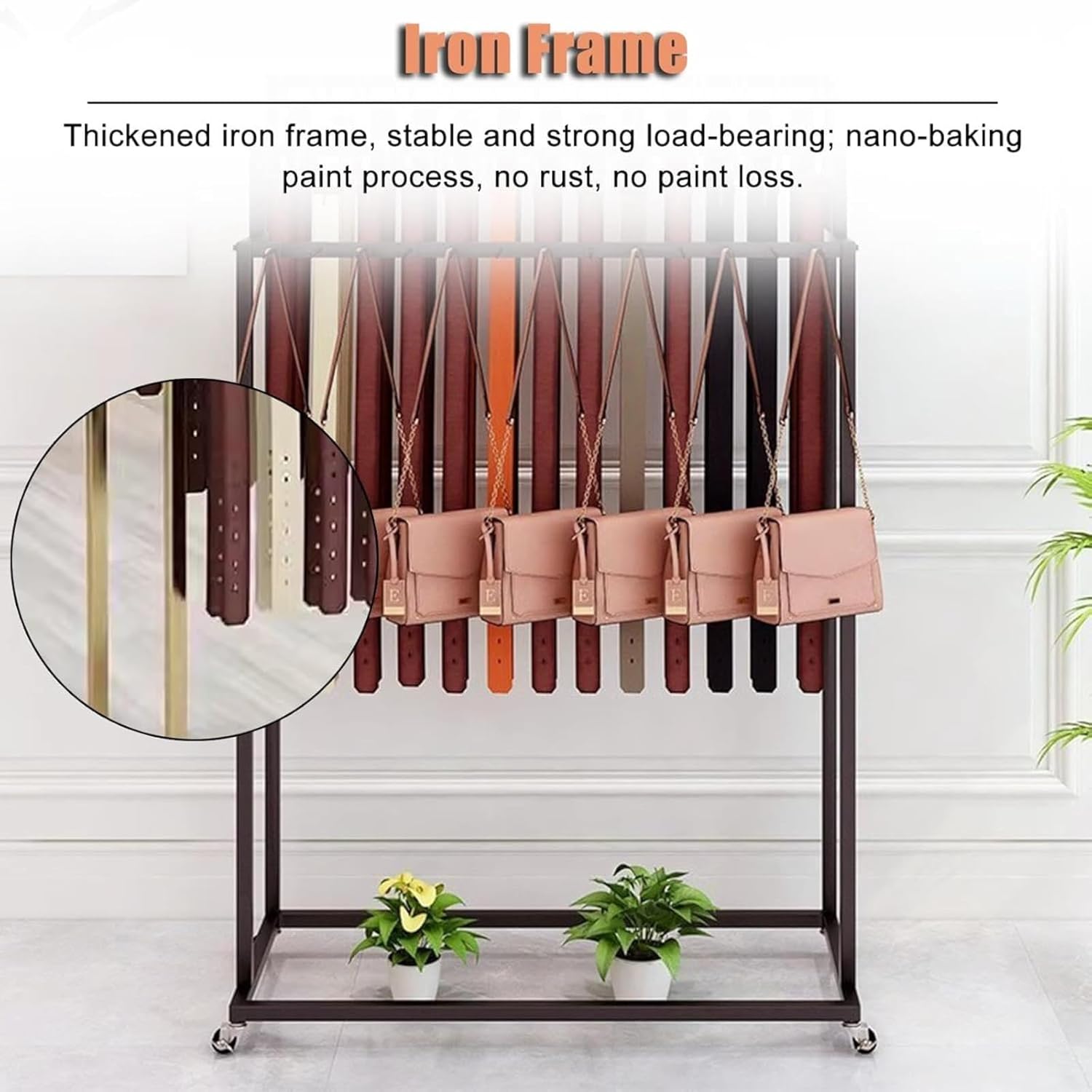 Floor Standing Metal Display Stand, Freestanding Belt, Tie & Scarf Organizer Rack for Men & Women, Portable Closet & Boutique Storage Solution (Black With 30 Hooks)