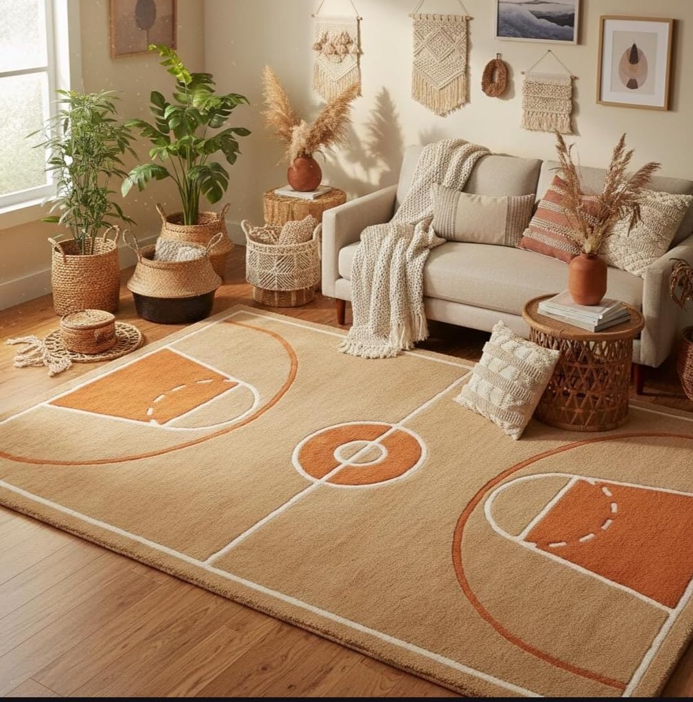 Basketball Court Area Rug, Beige and Orange, Sports Theme, Kids Room Decor, Game Room Floor Mat (8 * 10 feet)