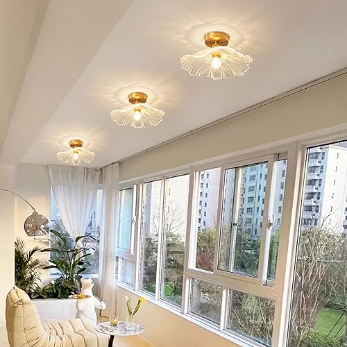 Miniatura 4 de KISAD Lámpara de techo con forma de hoja de loto vintage, lámpara de techo de vidrio de latón estilo japonés, montaje semiempotrado, accesorios de