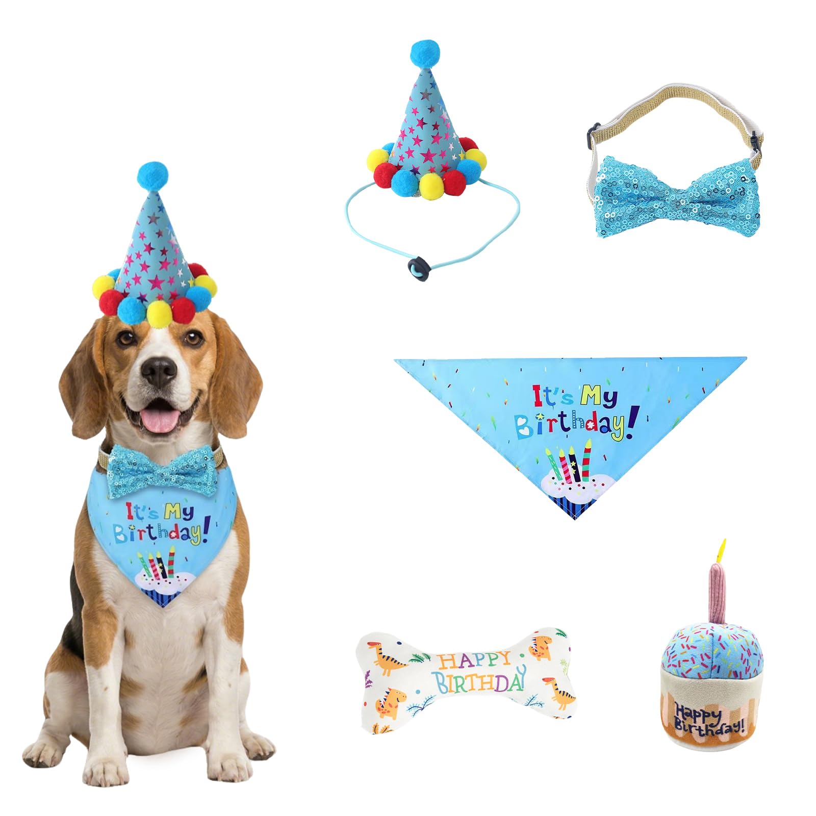 5Pcs Dog Birthday Party Set, Festive Hat Bandana Cake Bone Toy