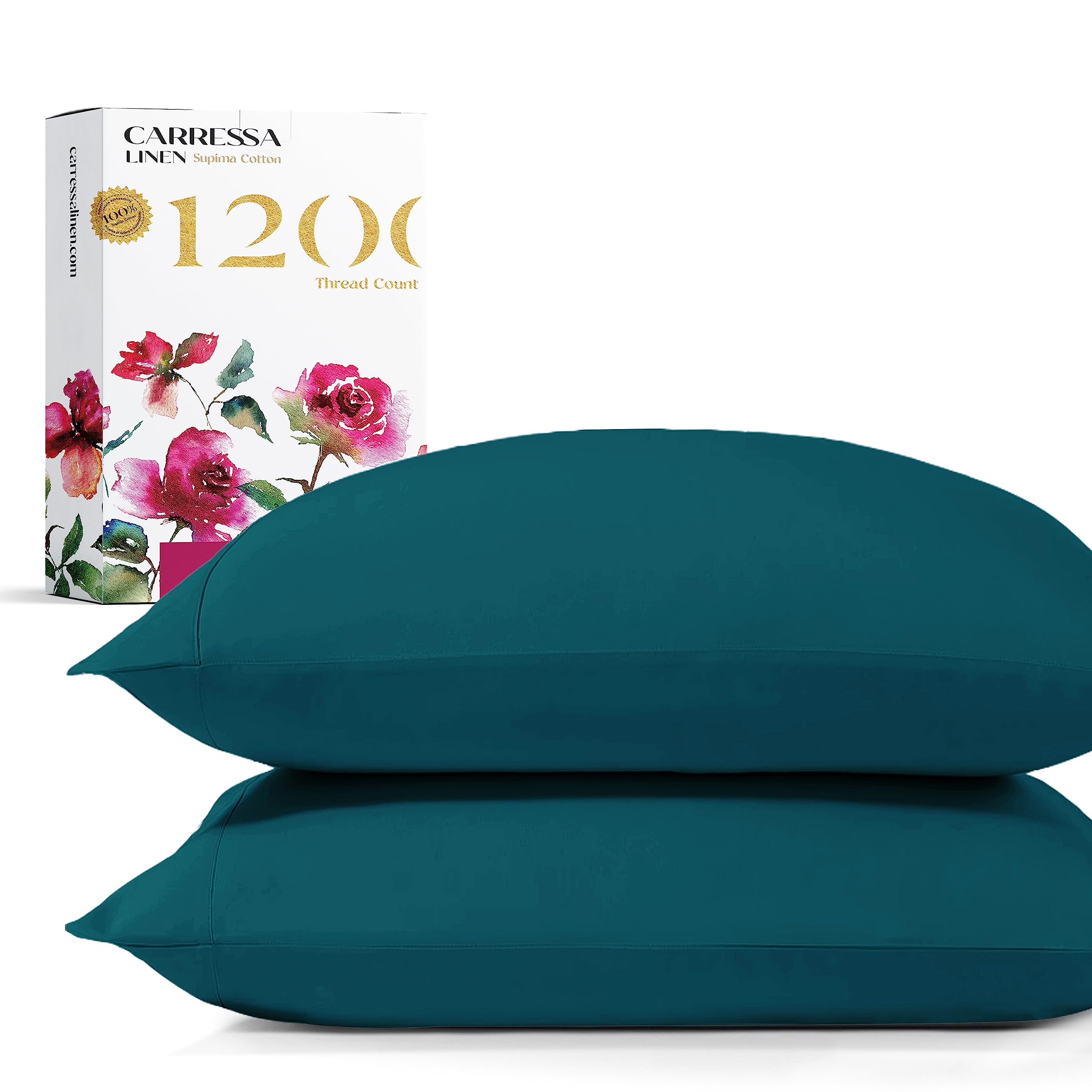 1200 Thread Count American Supima Cotton Pillowcases of 2 King Pillow Cases, Luxury Smooth Solid Sateen, Hotel Teal by Carressa Linen