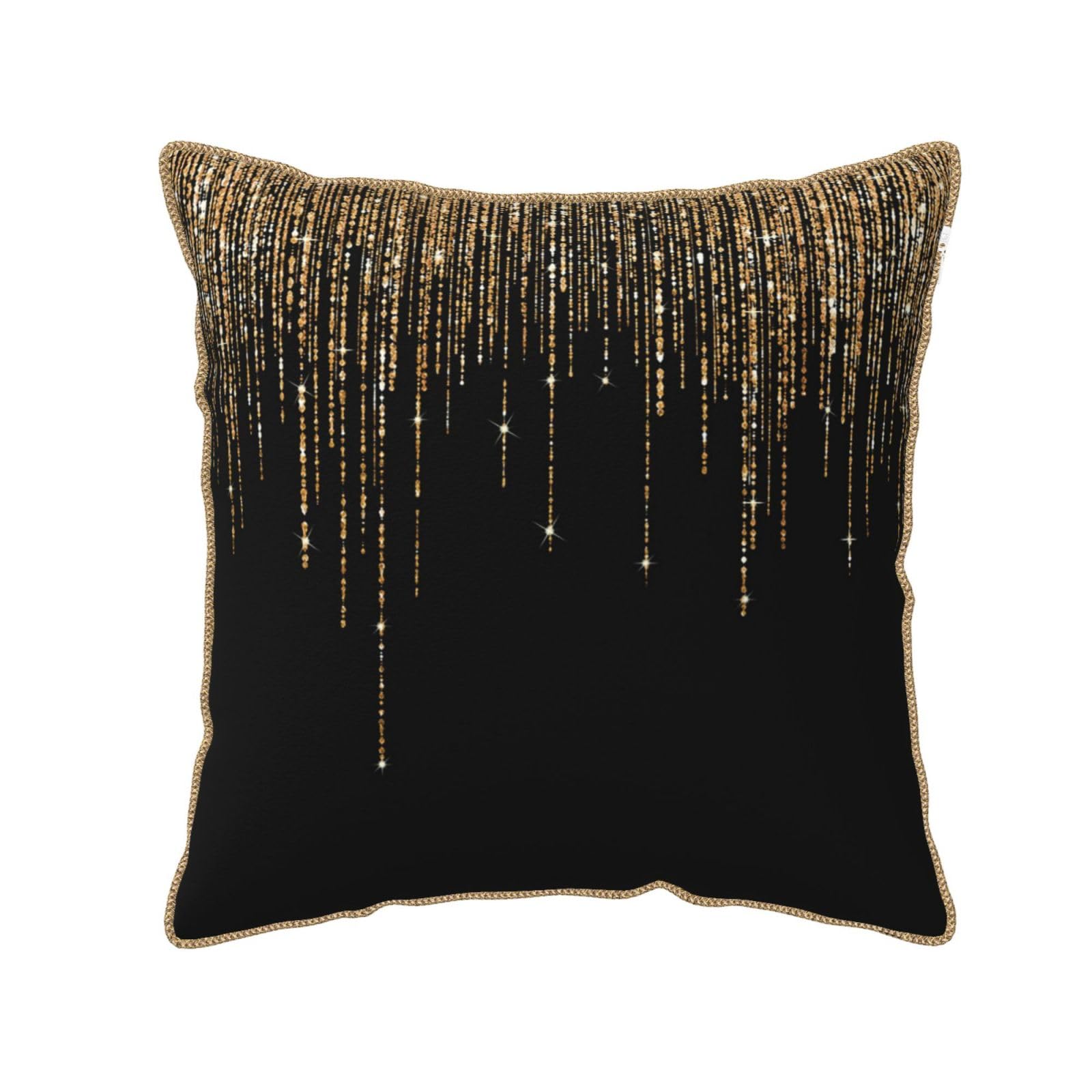 YounPrenG Pillow, Gold Trim Velvet Pillowcases Cushion Covers Throw Pillow for Home Bed Sofa Car, Black Gold Sparkly Glitter Fringe