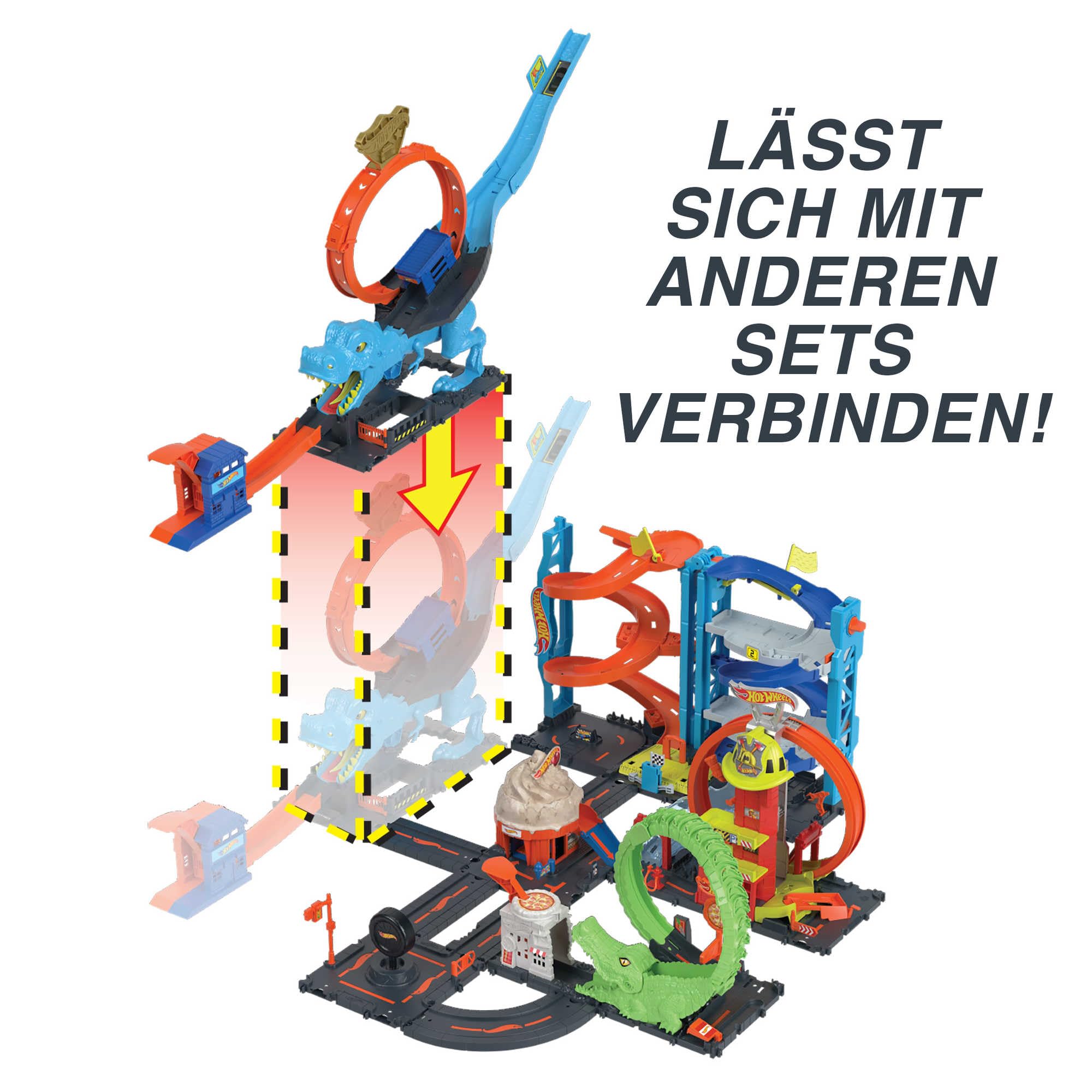 Hot Wheels Autorennbahn T-Rex Angriff, Geschicklichkeitsspiel mit Looping Track, Auto Spielzeug ab 4 Jahre, HNP77