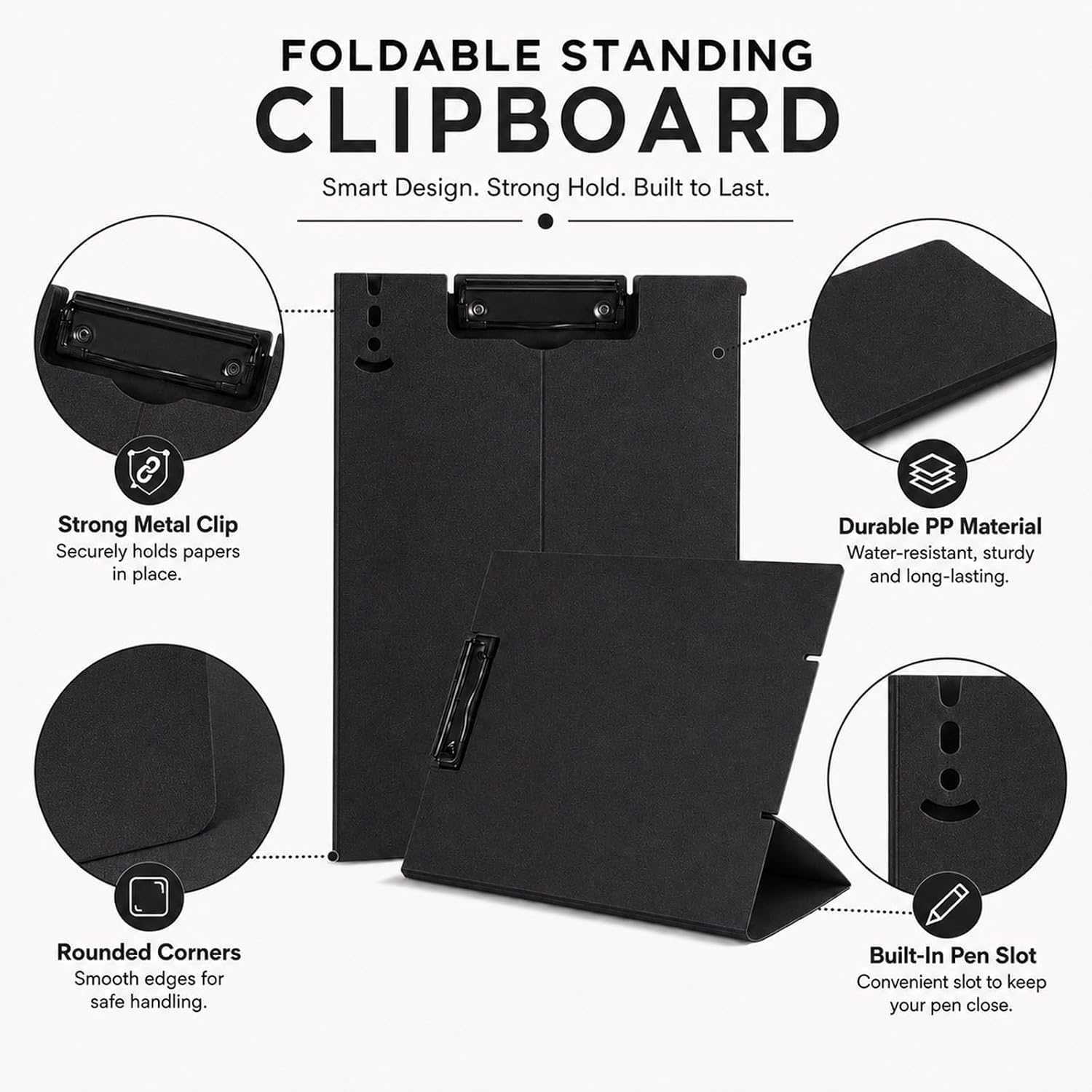 Free Standing Clipboard Foldable and Desktop Document Stand with Adjustable Buckles Metal Clip A4 File Folder Writing Board and Document Holder for School Classroom Office Business Use (Black) image 3