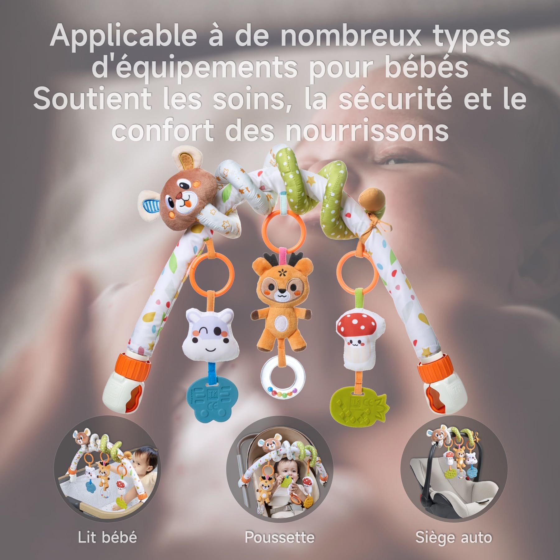 TUMAMA Arche Poussette avec Jouet Spiral 0 3 6 9 12 18 Mois Arche d'activités Bébé Siège Auto Clip Arche d'Éveil Hochet 3 Animeaux Sensoriel Cadeau Nouveau-né