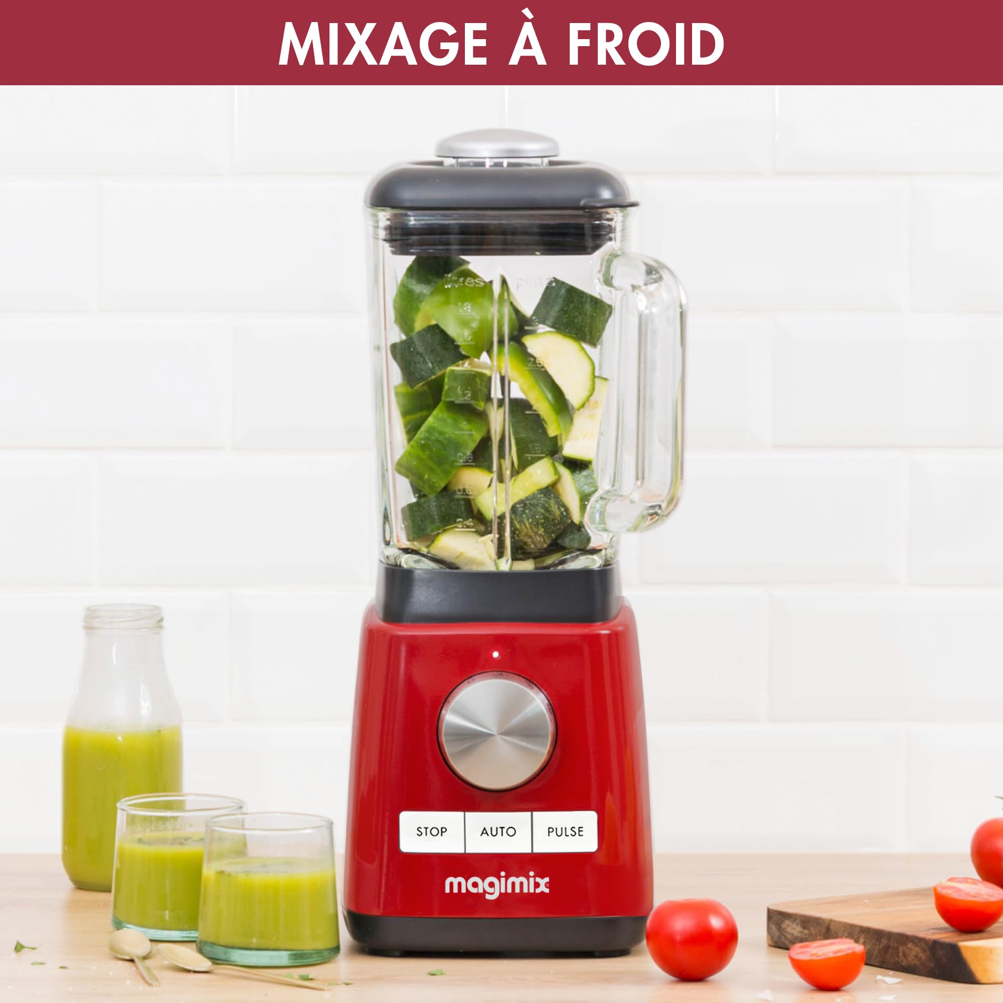 magimix Blender – Blender Power -1300 W avec Bol en Verre Borosilicate 1,8 L – 4 Programmes Automatiques (Smoothies, Soupes, Glace Pilée, Desserts Glacés) – Technologie BlenderMix – Sans BPA, Rouge