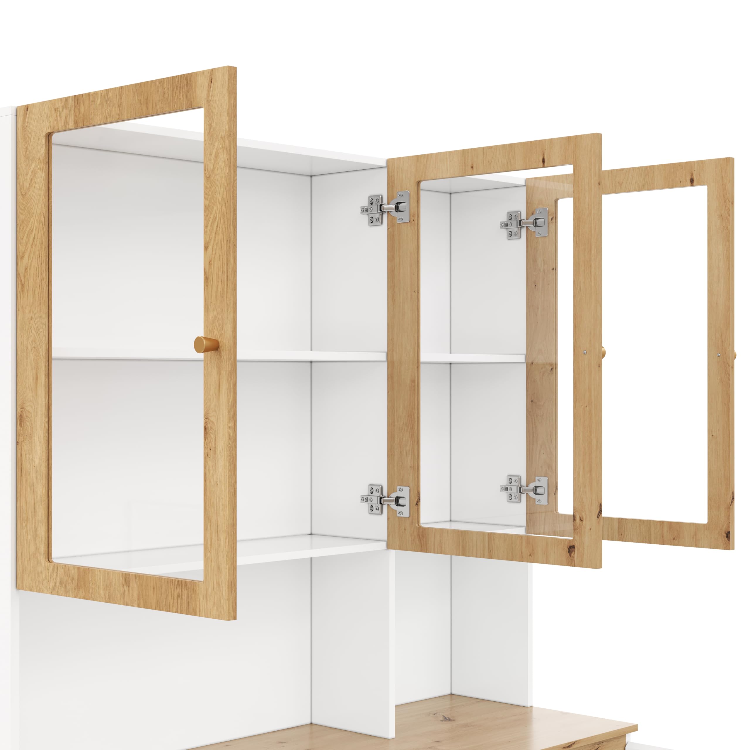 Merax Vitrine Hochschrank mit LED 120×24,5×200 cm, Glasvitrine mit 3 Schubladen und Tür, offenes Fach mit Kabelmanagement, Standmöbel für Wohnzimmer Esszimmer Küche, Weiß+Holzfarbe