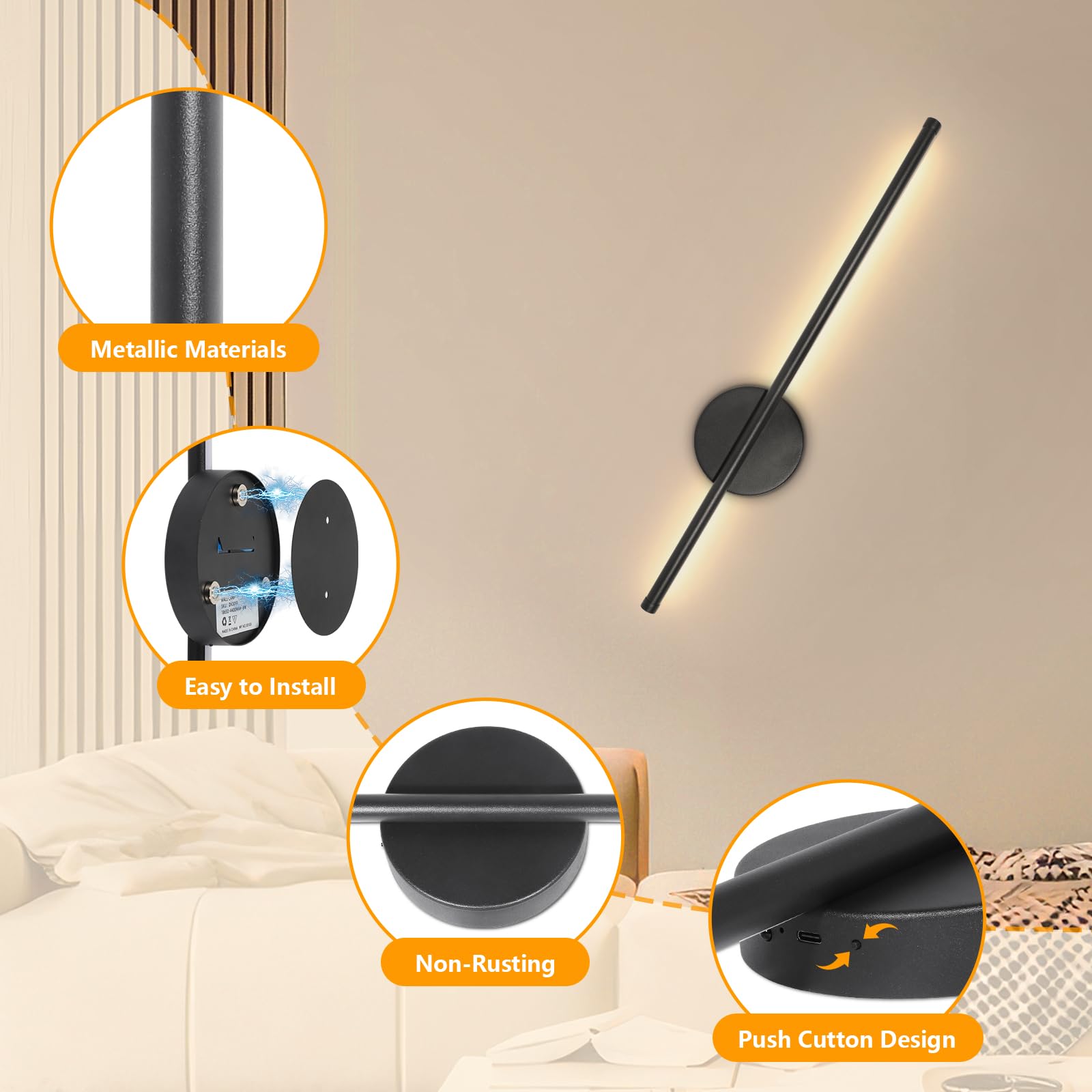 LED Akku Wandleuchte Schwarz 60CM Dimmbar 3 Farbtemperatur mit Fernbedienung, Zwei Packungen