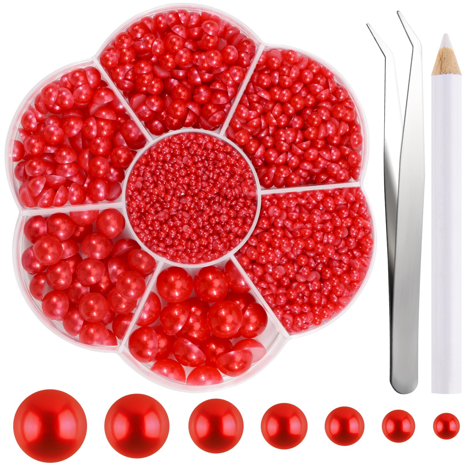 NACHLYNN 6480 Pcs Flat Back Pearl 7 Sizes Red Half Round Flatback for Crafts Embellishment Shoes Clothes Bags DIY Making