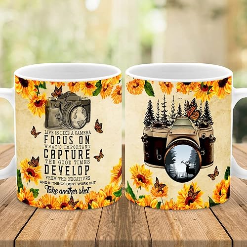 Miniatura 4 de Life Is Like A Camera - Taza de café vintage con girasol, monarca, mariposa, fotógrafo, taza de regalo para té, tazas de cerámica blanca, cosas para