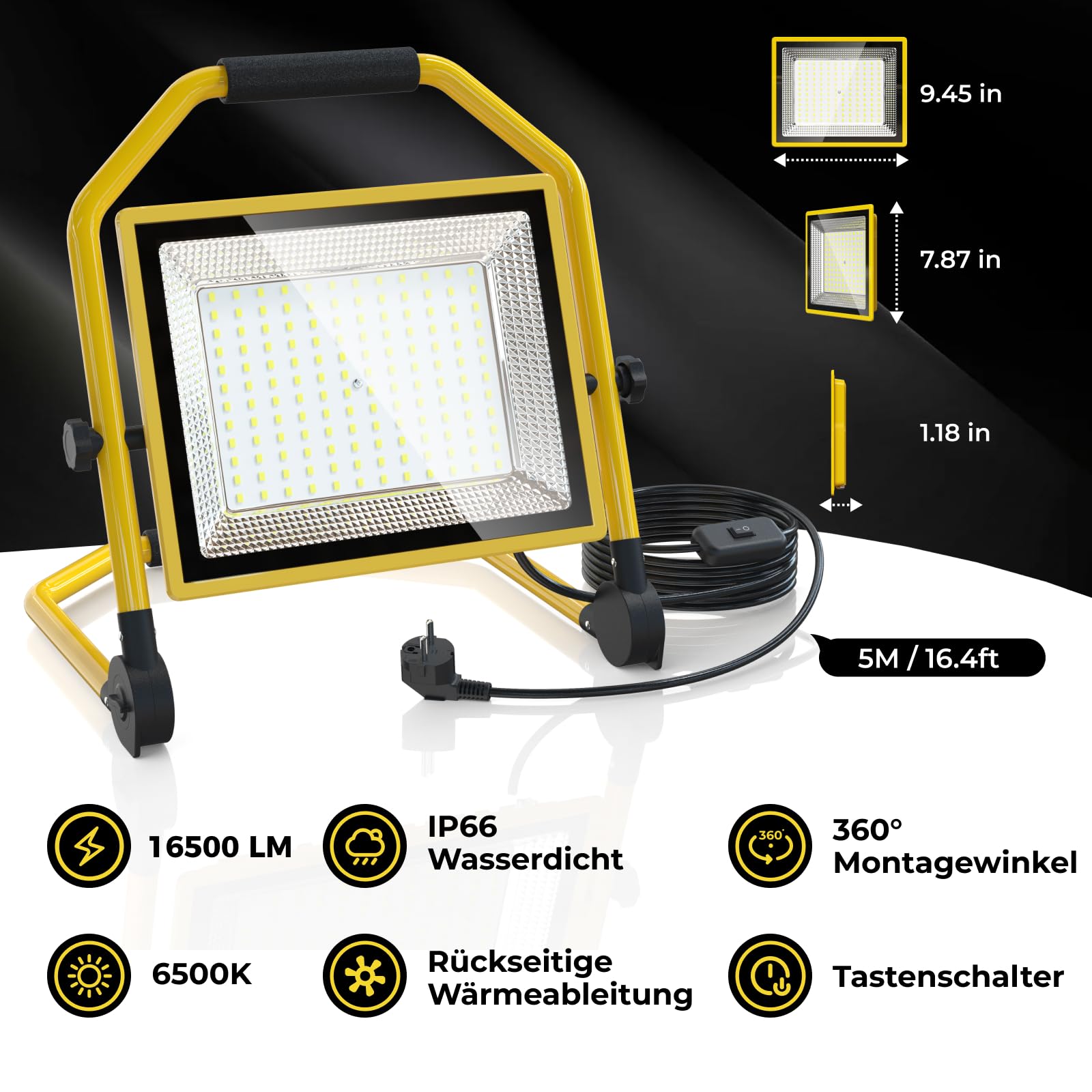 LED Baustrahler mit 16500 Lumen, 16FT Kabel, 6500k, Wasserdicht, Verstellbarer Ständer Ideal für Innen und Außenwerkstätten, Garagen und Baustellen (150W)