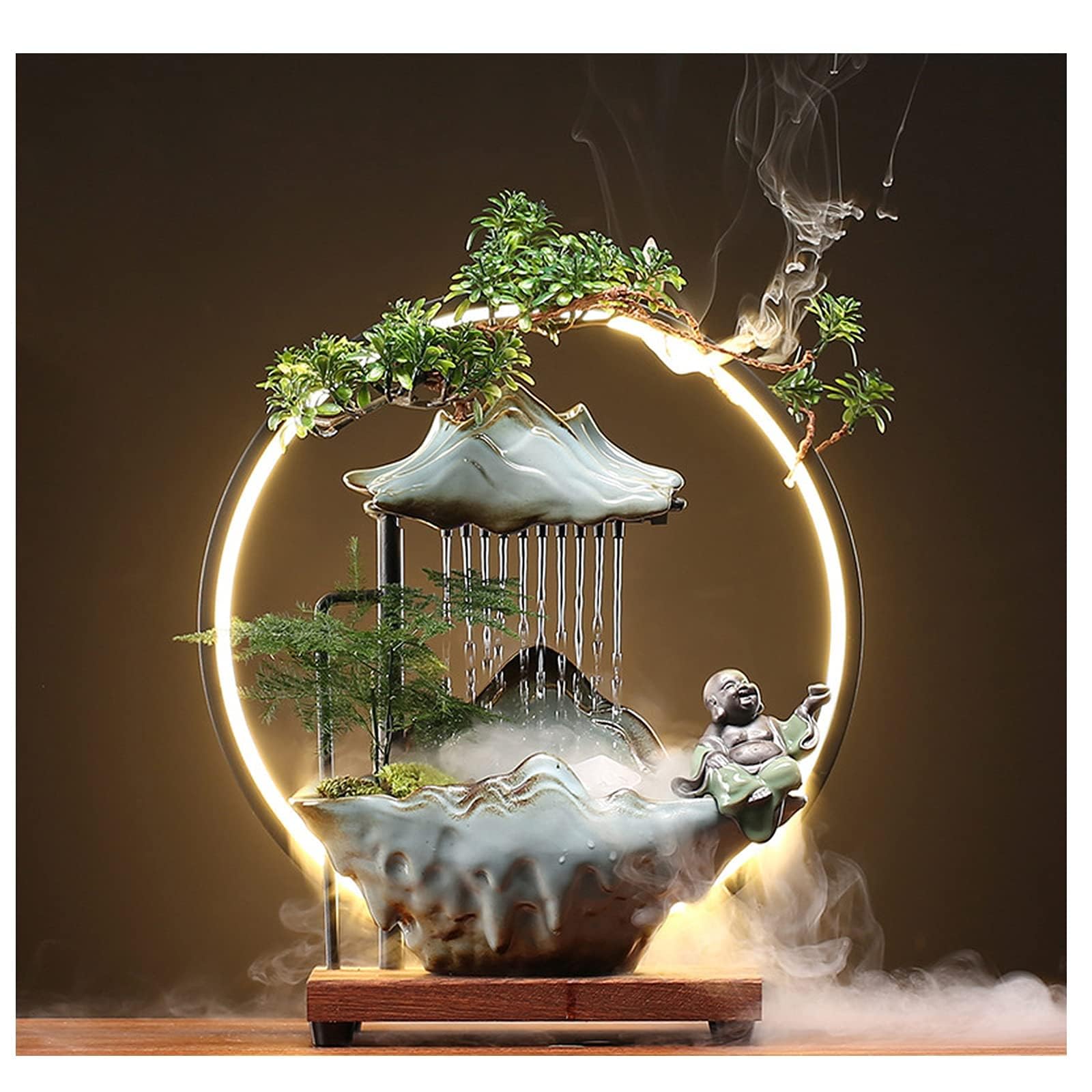 Syluoqp A Ceramic Buddh Water Fountains Indoor Waterfall With Led 2 Buddhas Mist Water Fountain With Backflow Incense Holder For Feng Shui Strees,