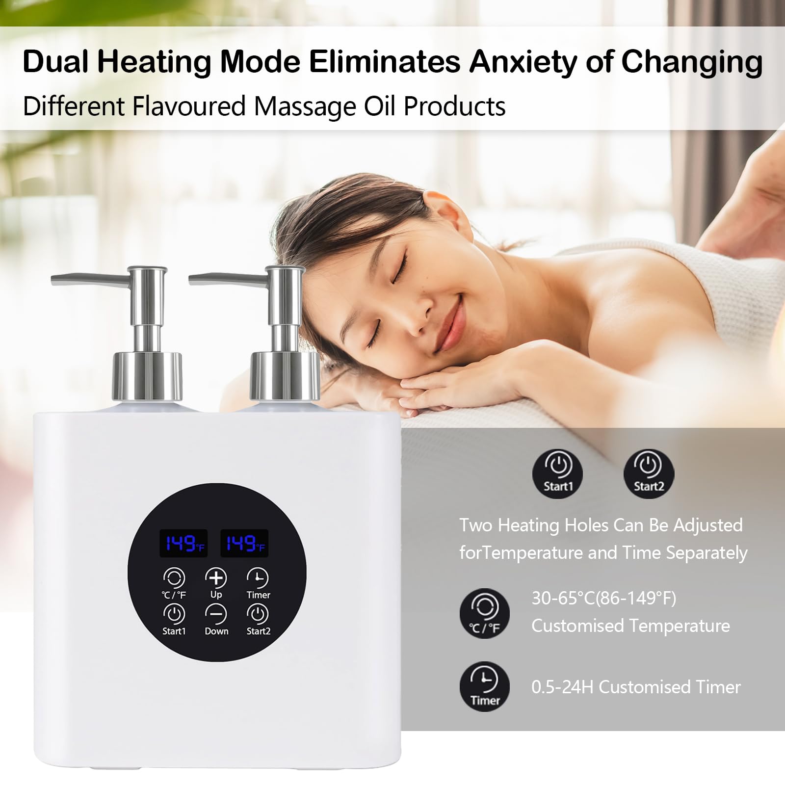 Chauffe-huile de massage double avec quatre distributeurs de bouteilles d'huile, 900ml réglable en continu 0-65°C contrôle thermostat lotion avec protection anti-gouttes pour salon & ménage SPA