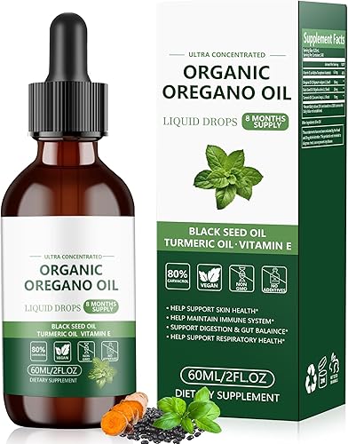 Aceite de orégano con gotas de aceite de semilla negra (2 onzas líquidas), mezcla 4 en 1 con cúrcuma y vitamina E (80% Carvacrol), salud