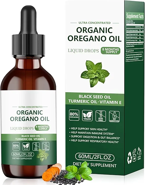 Oil of Oregano with Black Seed Oil Drops(2 Fl Oz), 4-in-1 Blend with Turmeric & Vitamin E (80% Carvacrol), Respiratory, and Digestive Health. Vegan, Non-GMO, and Sugar-Free(8-Month Supply)