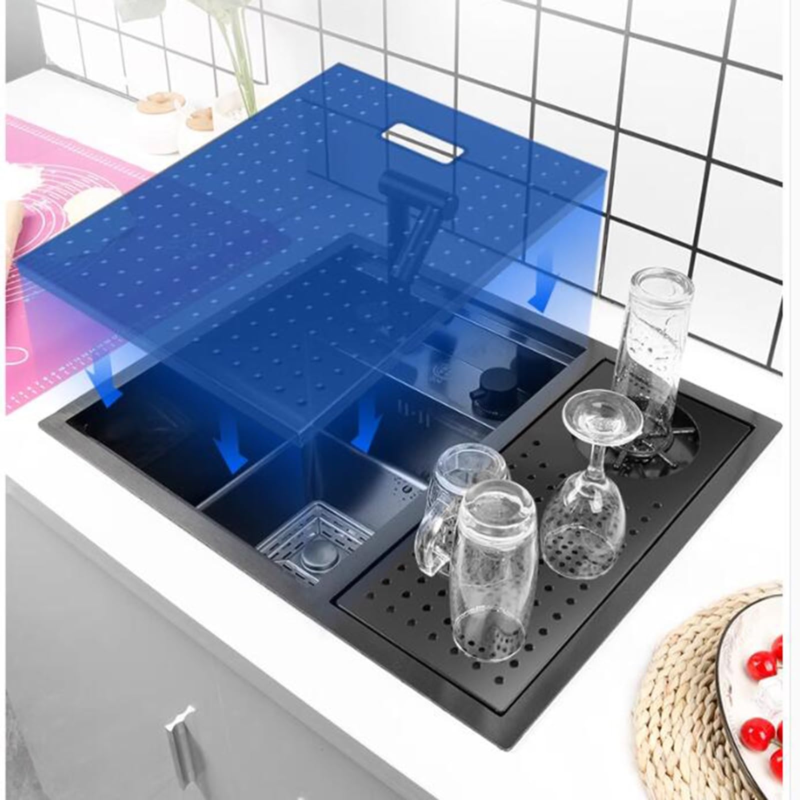 Fregadero Individual Oculto con Grifo Plegable y lavavasos para Restaurante, cafetería, Bar, encimera de Cocina, Lavado de Verduras, Piscina.
