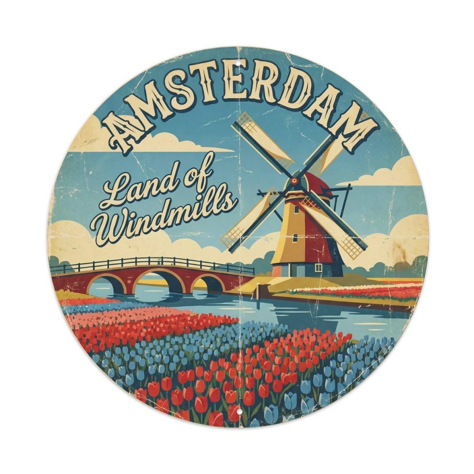 Vintage Travel Windmill Amsterdam Canal Metal Tin Sign