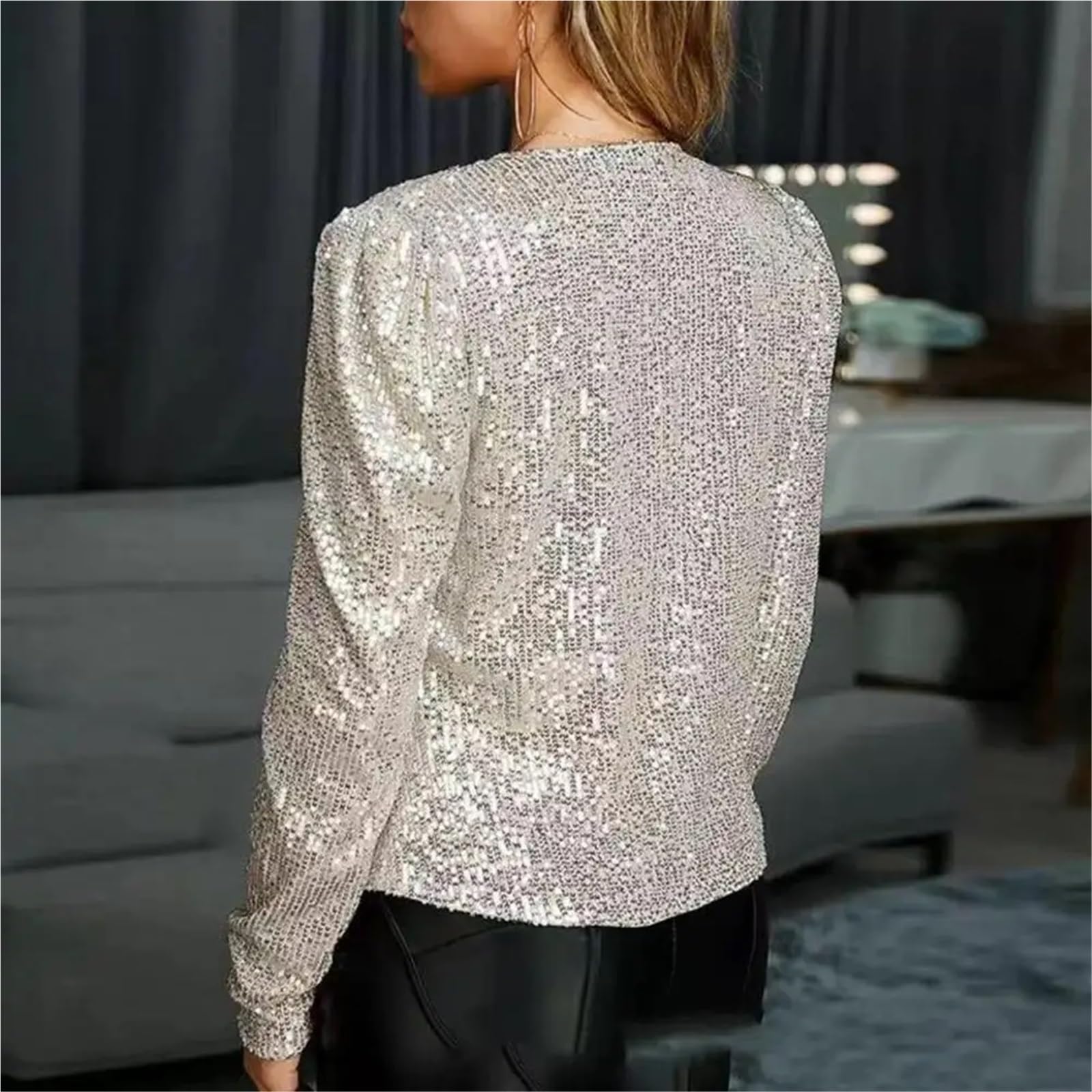 Paillettenjacke Damen Glänzende Stehkragen Kurzmantel Herbst Lady Sparkly Glitter Kurzblazer