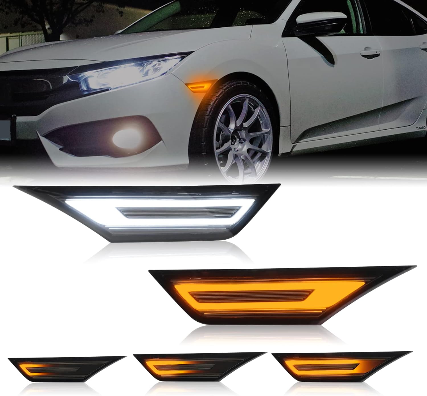LED Side Marker Lights Replacement for Civic 2016-2021, Front Sequential Fender Driving Lamp Turn Signal Light for 10th Gen Coupe/Hatchback/Sedan Position Lamp Amber/White Smoked Lens