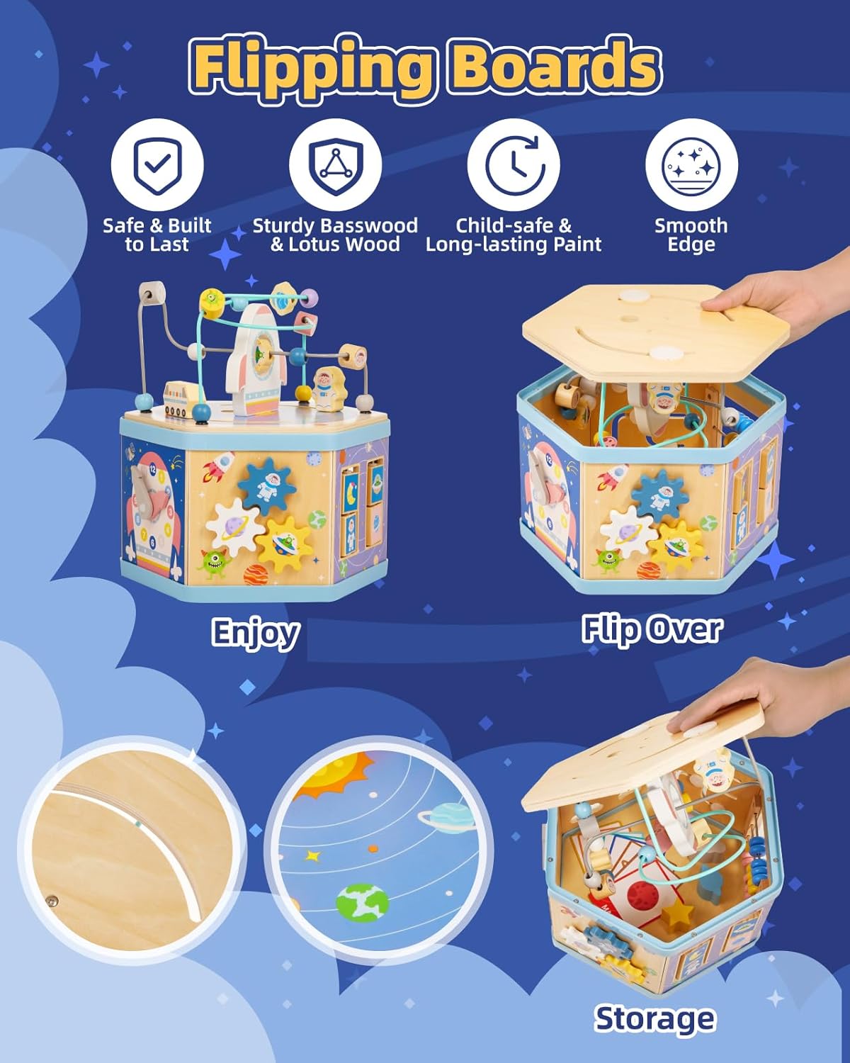 Large Wooden Space Activity Cube Toys, 9-in-1 Early Educational Montessori Learning Toys for 2 3 4 Toddlers with Abacus Bead Maze for 24+ Months Boys Girls First Birthday