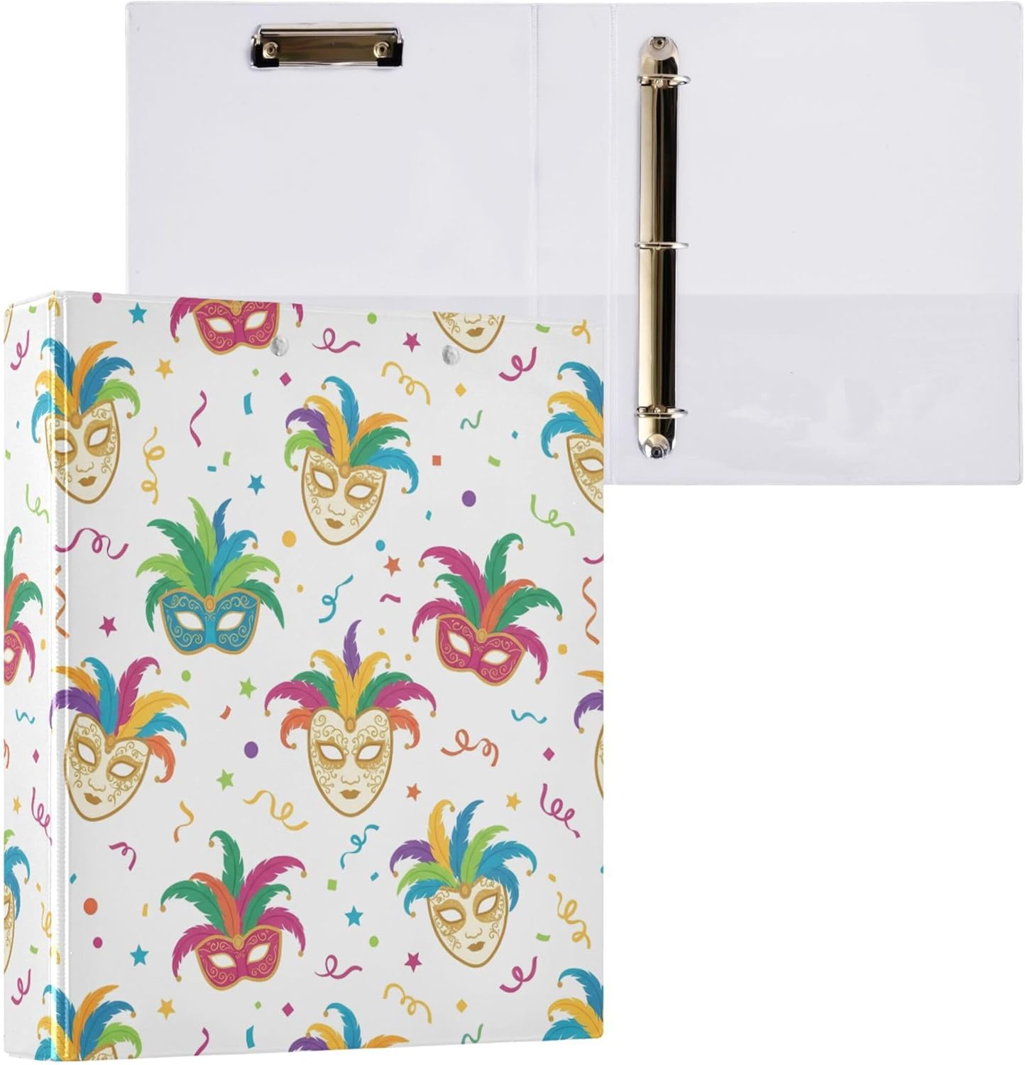 Mardi Gras Theme 3 Ring Binders, 1.5” Round Ring Binders with Clipboard - Letter Size, 3 Interior PVC Clear Pockets & Anti-Slip Clip for Office School Supplies, 2PCS