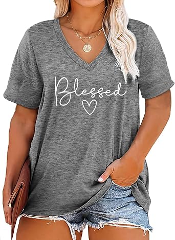 Plus Size Blessed Shirts Women V Neck T Shirts Short Sleeve Tshirts Summer Tops