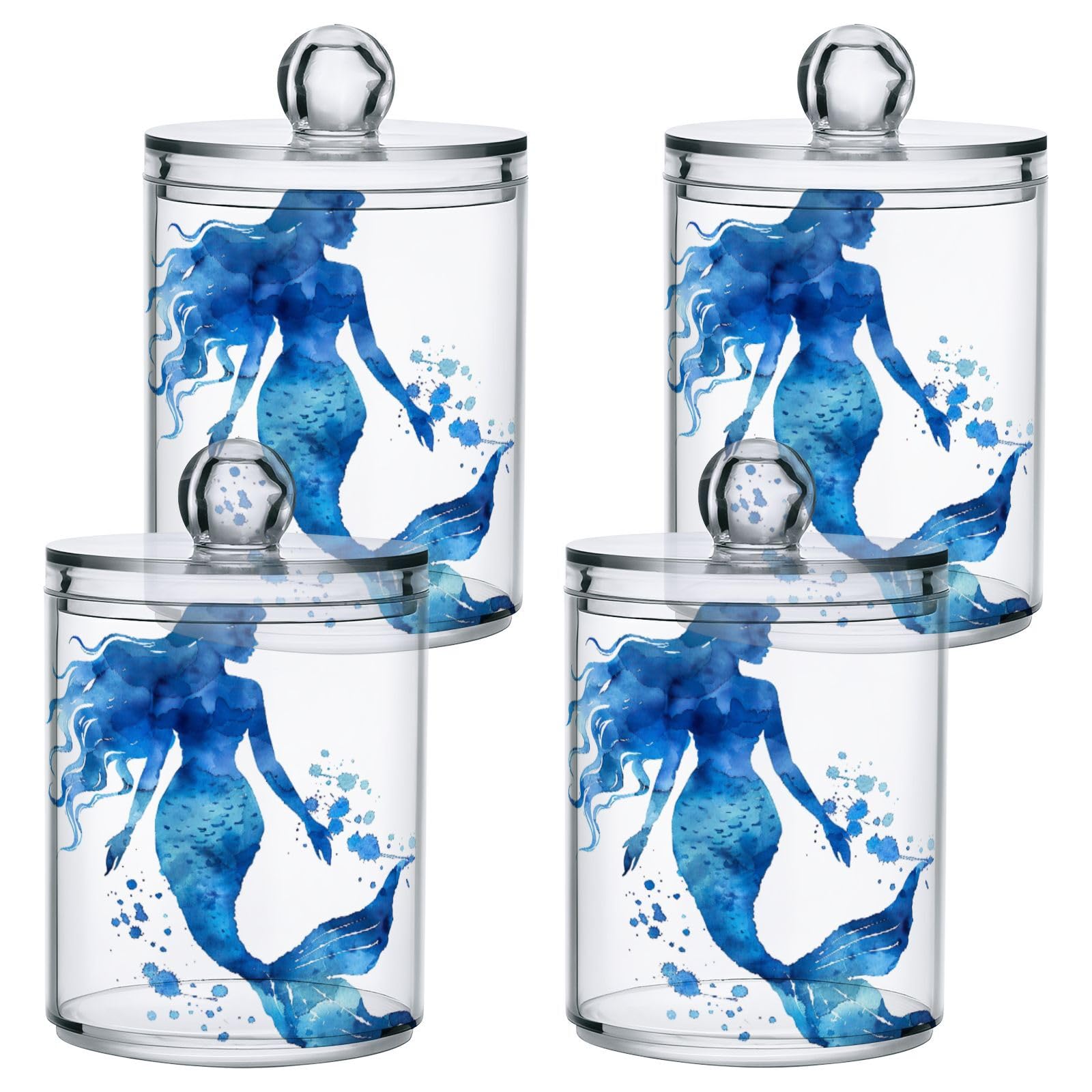 Msyxl 2 Pack Watercolor Blue Mermaid Apothecary Jars with Lid, Qtip Holder Storage Containers for Cotton Ball, Swabs, Pads, Clear Plastic Canisters for Bathroom Vanity Organization (10 Oz)